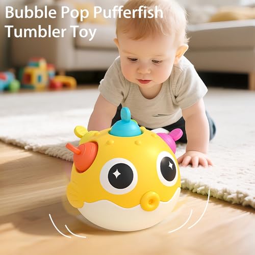GeeKiPrime Baby Wobble Toys, Infant Rolypoly Tumbler Musical Wobbler Toy with Silicone Bubble for Teething Sensory Play, Baby Tummy time Toys for Newborn 3 6 12 Months Gifts for Toddler Boys Girls