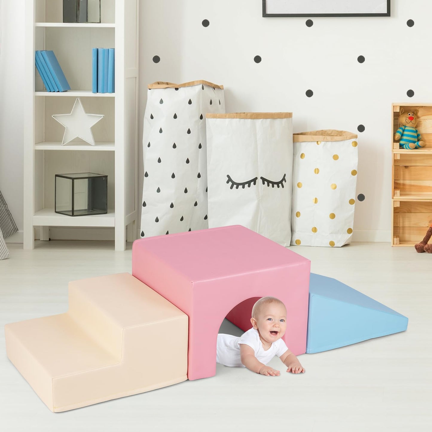 Costzon Climbing Toys for Toddlers, 4 PCS Single-Tunnel Foam Climber for Climbing, Crawling and Sliding, Lightweight Soft Play Blocks for Preschool Baby Boys Girls (Pink Green Blue)
