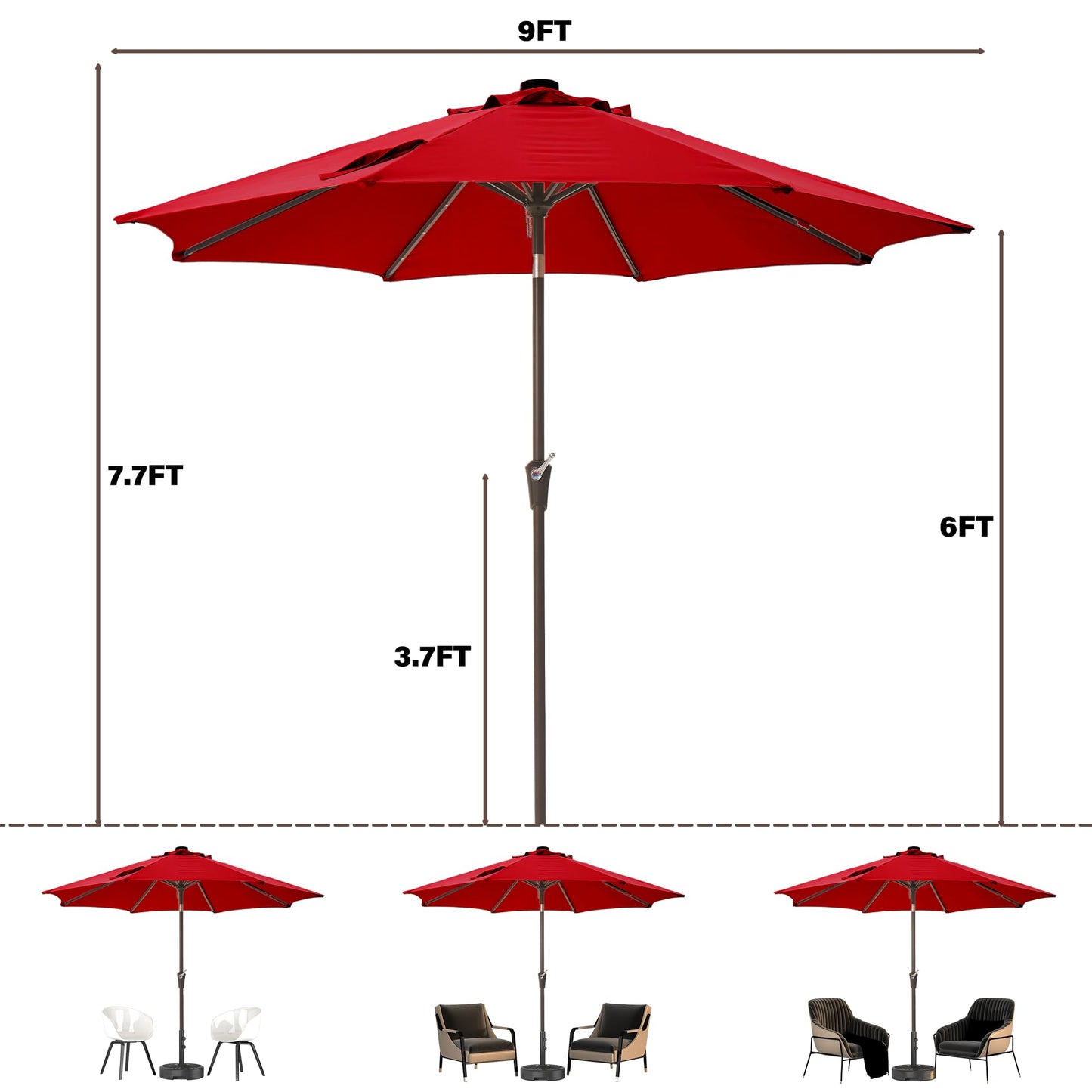 Tioline 9FT Solar-Powered LED Patio Umbrella with Tilt Crank,Outdoor Market Umbrella with 32 Lights,Sunshade for Deck, Garden and Pool,Red