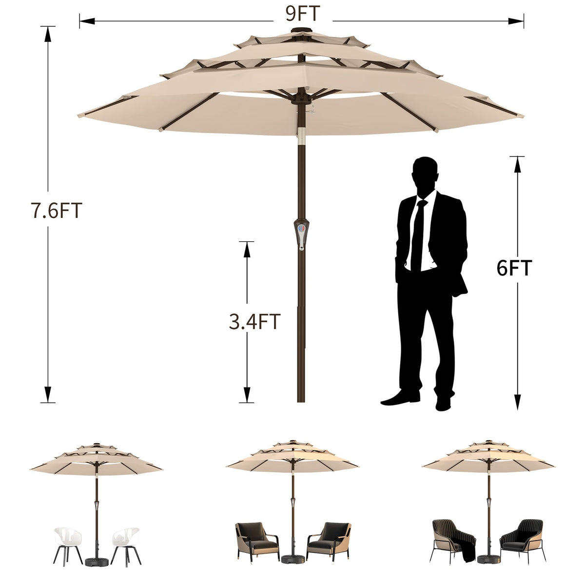 Ayge 9FT 3-Tier Large Outdoor Patio Umbrella Market Table Umbrella-UV Resistant,Easy Push Button Tilt and Crank,8 Sturdy Fiberglass Ribs Heavy-Duty Pool Umbrella for Deck,Backyard,Garden,Yard,Navy