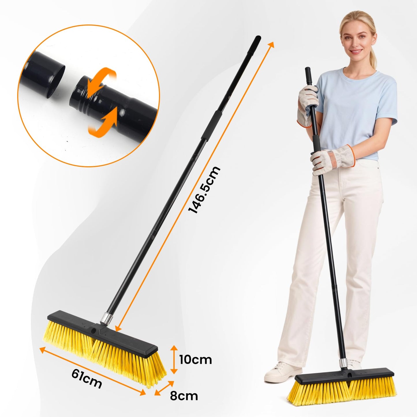 TOMAIX 24 Inches Push Broom Outdoor,Commercial Broom Brush,Stiff Bristle Brush with 61.8 inches Long Handle for Patio Garage Deck Street Shop Warehouse Lawn Driveway -3 Pack