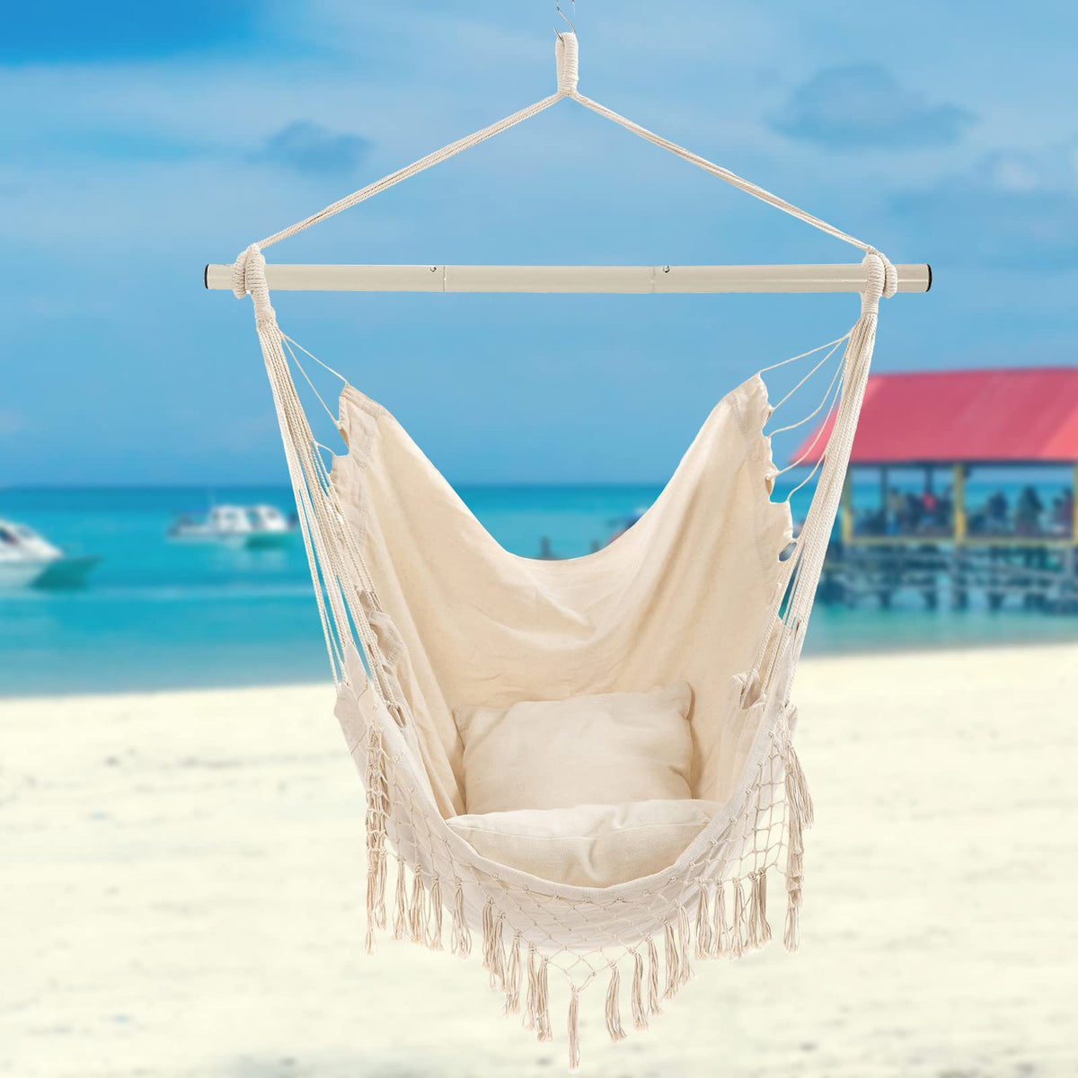 Hammock Chair, Hanging Rope Swing Seat with 2 Cushions,Macrame Hanging Chair Side Pocket with High Load-Bearing Metal Rod,for Indoor, Outdoor, Extra Comfortable