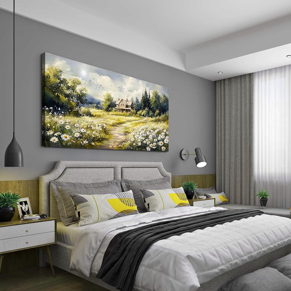 ERQINHUA Large Wall Art For Living Room Canvas Wall Decor For Bedroom Field Scenery Flower Watercolour Painting Office Decorations Stretched And Framed Wall Pictures Artwork Home Decor 30"X60"