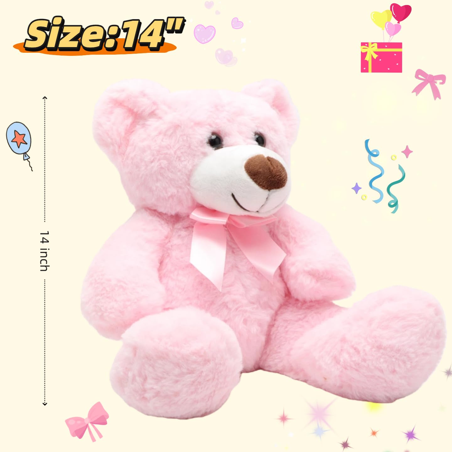 unsnurnoch 14" Pink Teddy Bear Plush Toy, Soft & Cuddly Teddy Bear Stuffed Animal with Cute Bow, for Girls, Girlfriends, Ideal for Valentine’s Day, Birthday, Christmas