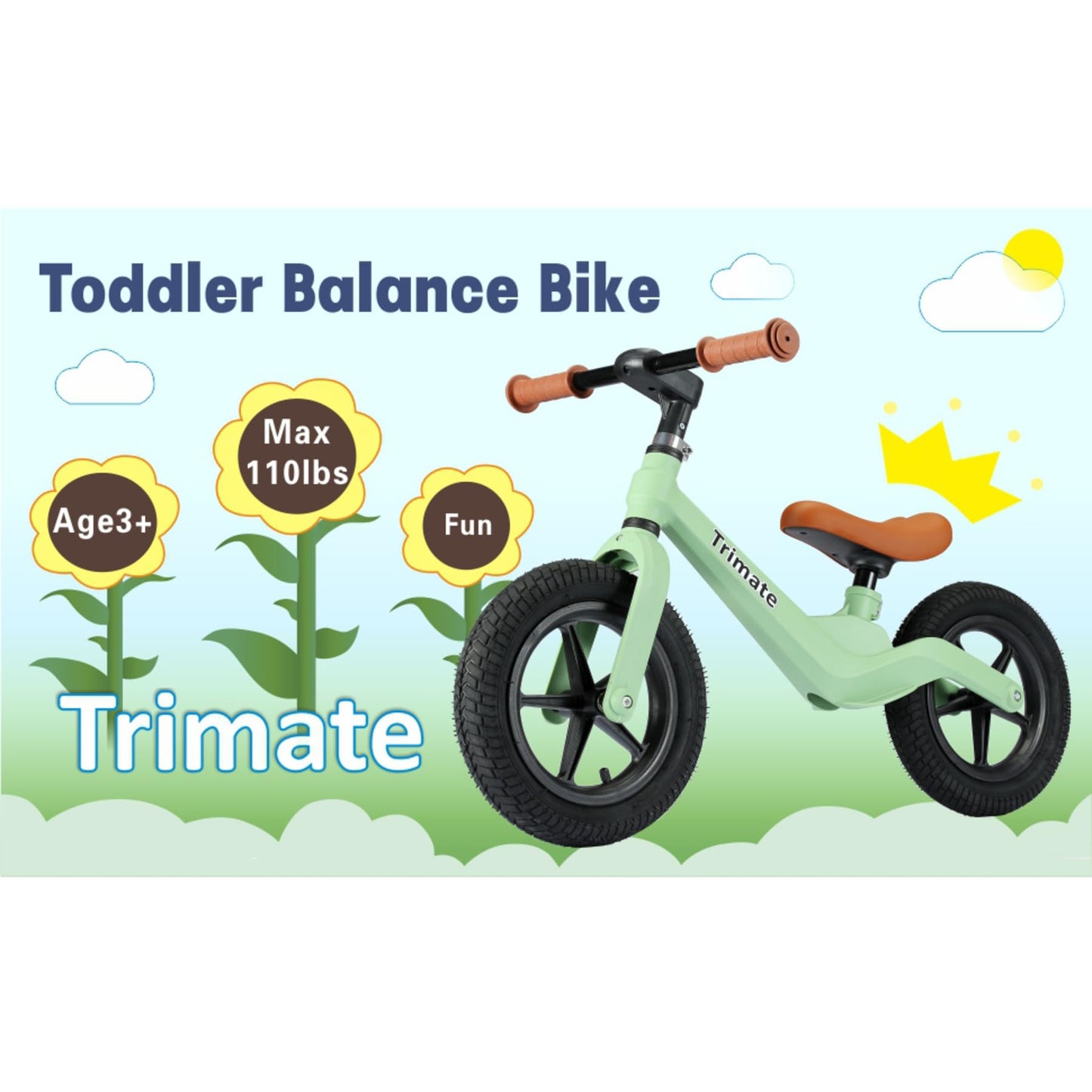 Trimate ToddlerPro Balance Bike for 3-5 Year Olds - Adjustable No Pedal Sport with 12" Inflated Tires - Perfect for Boys & Girls - Develops Balance & Coordination Skills
