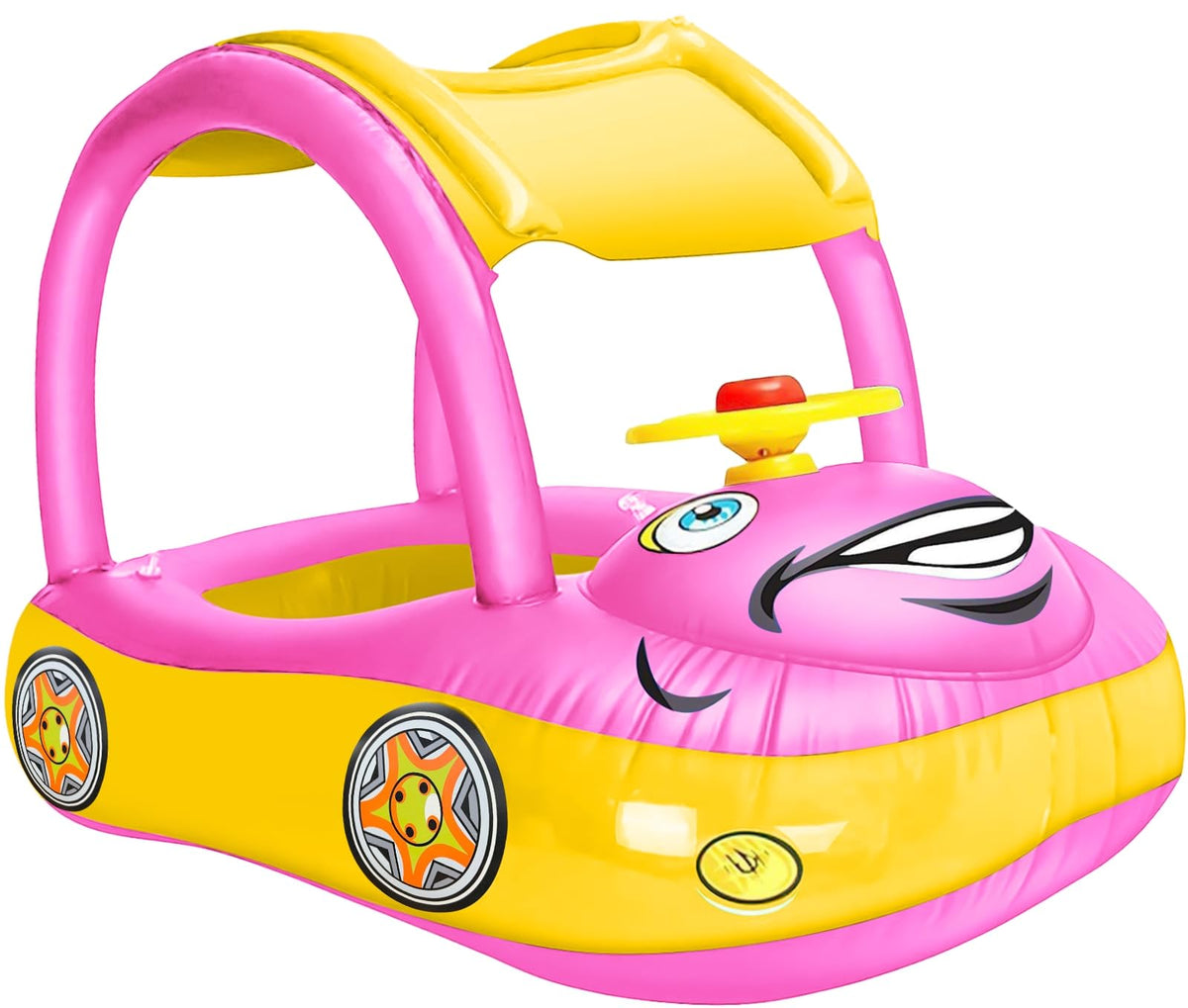 iGeeKid Inflatable Baby Pool Float with Canopy, Safty Seat for Infant Baby Swim Float Rings Car Shaped Swimming Pool Floaties for Babies Toddler Age of 18-36 Months (Pink)