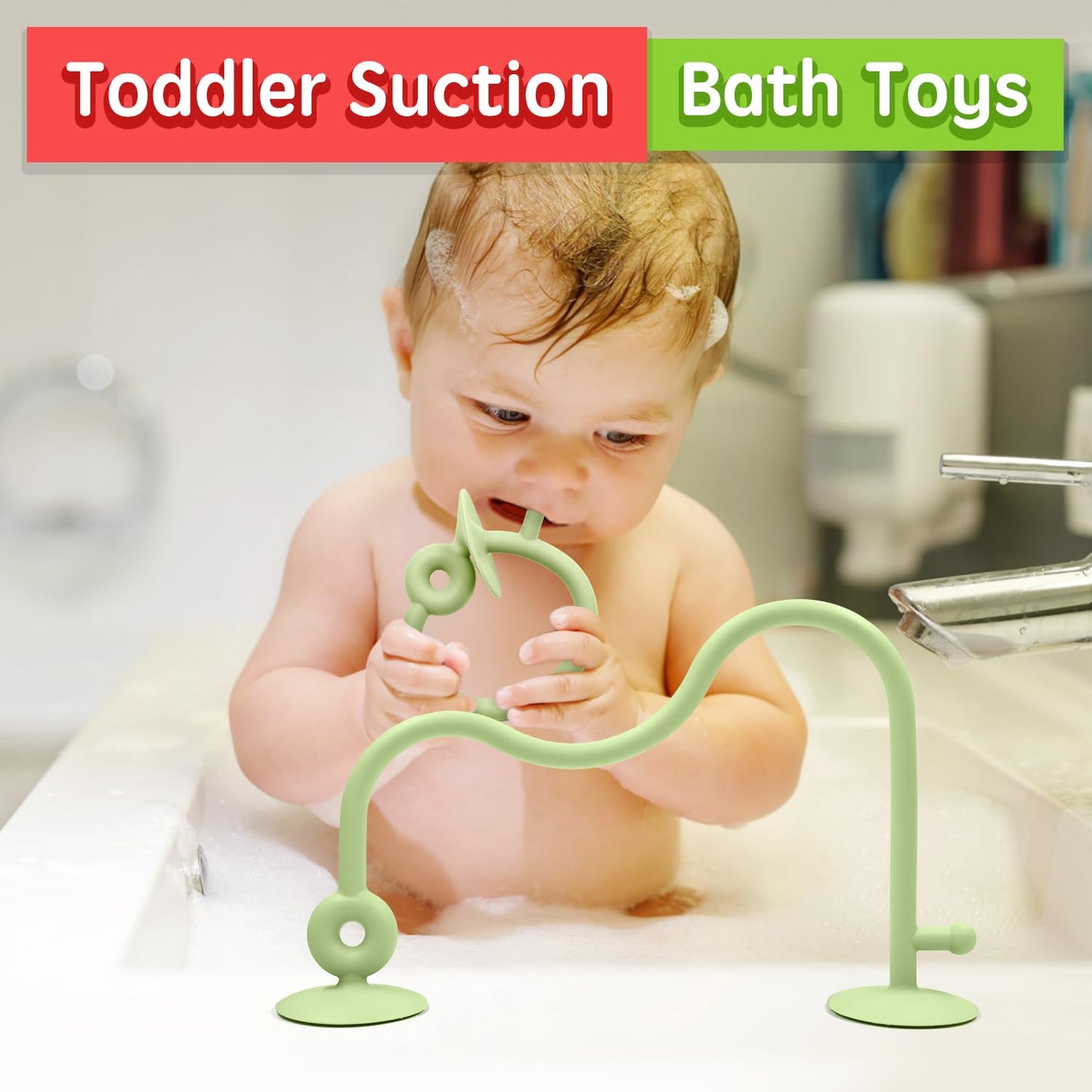 Baby Sensory High Chair Suction Toys for Infant Toddlers 12 18 Months, Food Grade Silicone String with Oak Loop Montessori Educational Parent-Child Baby Bath Toy Gift for Birthday (Green)