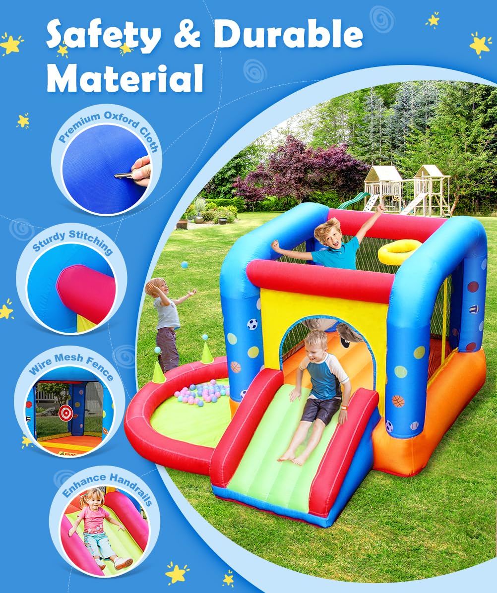 Step4Fun Inflatable Bounce House, Kids Castle Slide Bouncer for Children Jumping Outdoor and Indoor Party, Baby Backyard Water Jumper Toy with Blower, Ball Pit Pool, Ideal Gifts(112 x 98 x 65”)
