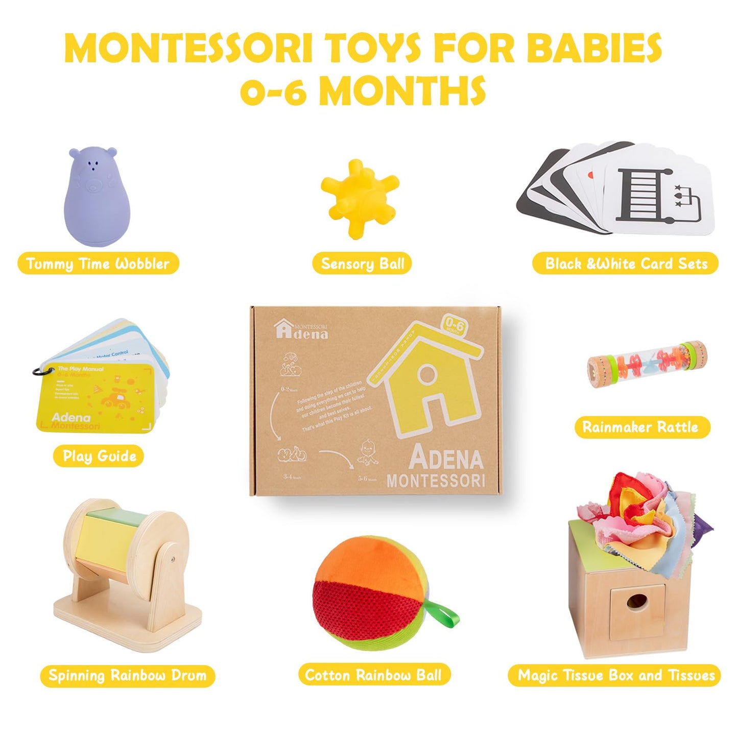 8 in 1 Montessori Toys for Babies 0-6 Month-Baby Tummy Time, Black White Card for Newborns,Rainmaker Rattle for Babies, Tissue Box,Spinning Drum,Ball with Bell-Baby Sensory Developmental Toys