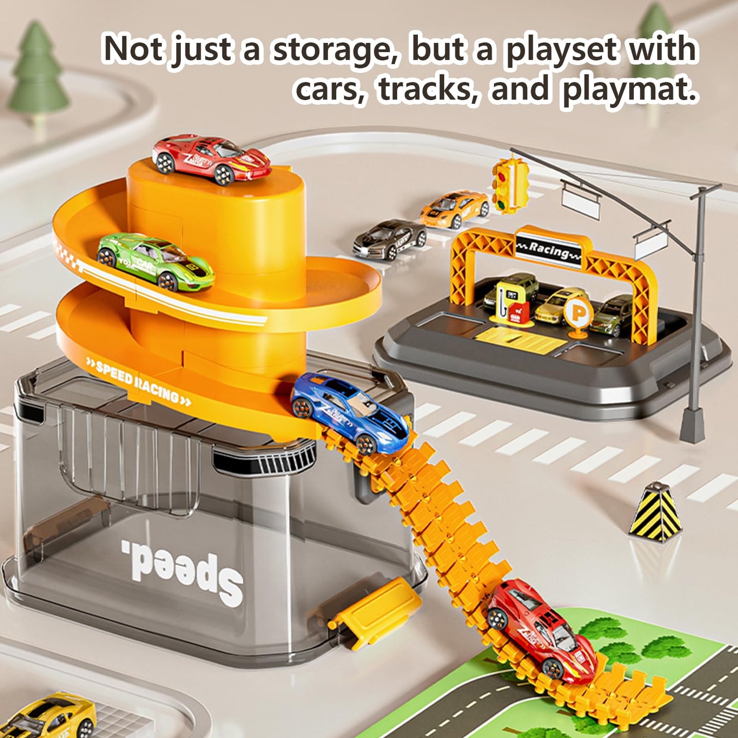 Toy Car Track Storage Playset - Car Toys Race Set Including 12 Diecast Cars, PlayMat, Race Tracks, Car Ramp, Kids Birthday Gift Toys for 2 3 4 5 Year Old Boys 1-3 2-4 Toddlers
