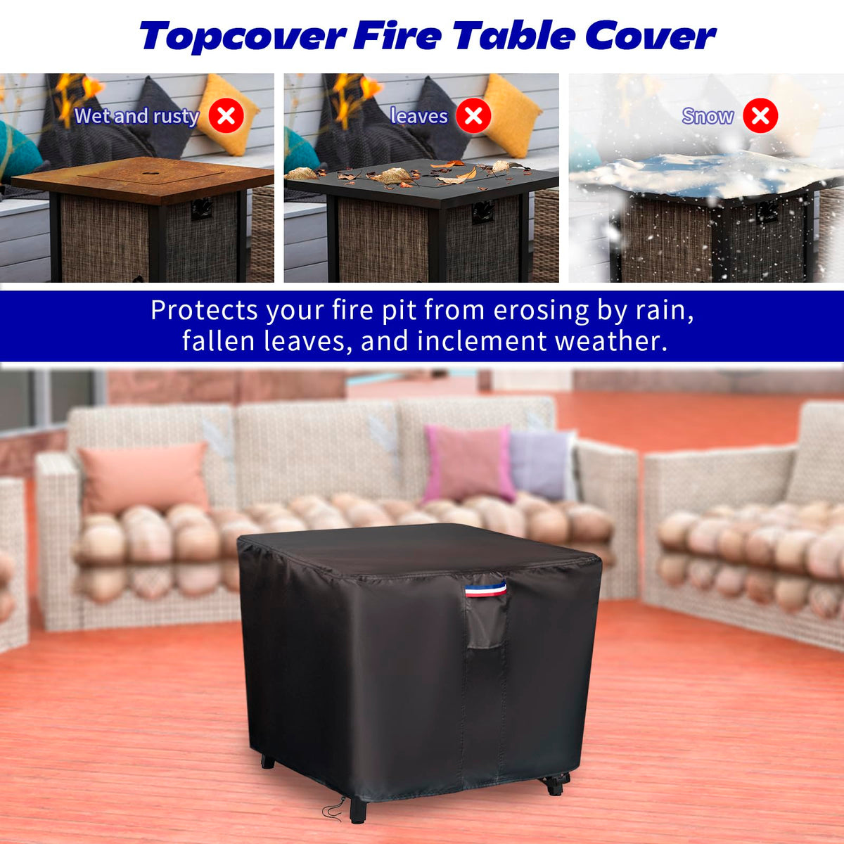 Topcover Fire Pit Cover,38 inch Square Propane Gas Outdoor Fire Table Cover,600D Waterproof and Windproof Heavy Duty Fabric Firepits Covers for Patio Table Fireplace -38"Lx38"Wx28"H,Black