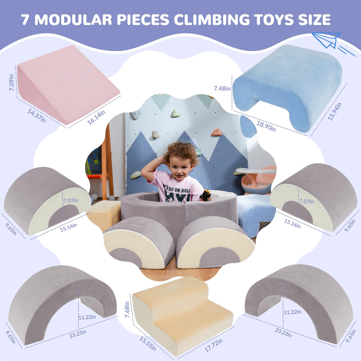 Bumnana Toddler Climbing Toys Indoor, 7‑Piece Soft Foam Play Set for Toddlers 1‑3, Foam Climbing Blocks with Slide, Stairs & Ball Pit, Crawl and Climb Activity Gym, Lightweight & Washable Kids Gift