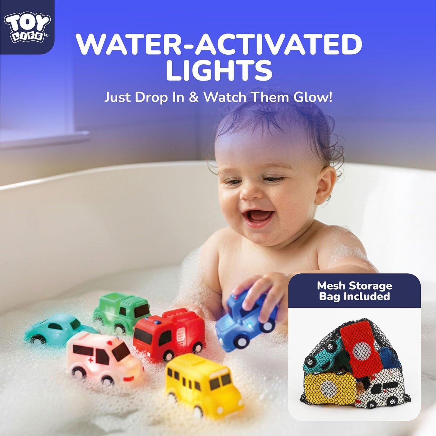 TOY Life 6 PCS Cars Light Up Bath Toys for Kids Ages 4-8, No Hole Glow Bath Toys for Kids, Baby Toddler Bath-Time, Easter Basket Stuffers Gifts for Kids Boys Girls, Ideal for Shower, Bathtub, Pool