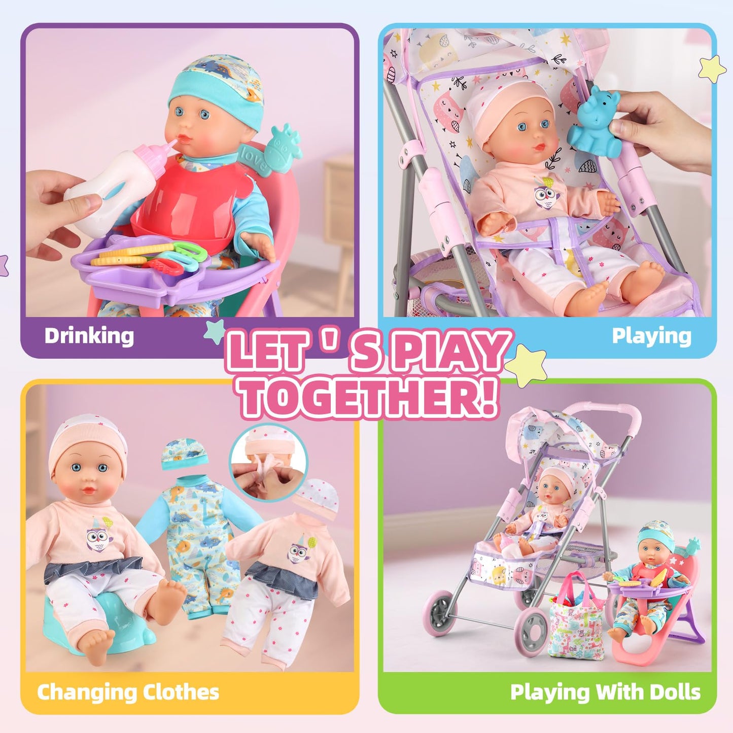 YIYBM Baby Doll Stroller Play Set with 12.5" Baby Doll,Dining Chair, 2 Sets Clothes and 20 PCS Doll Accessories. Stroller Toy for 3, 4, 5, 6 Year Old Toddler Girls for Realistic Pretend Play.