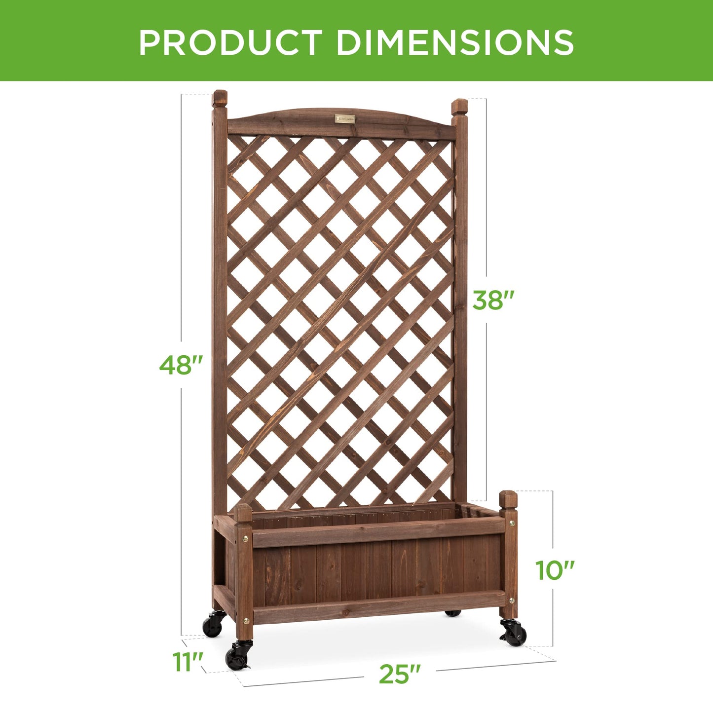 Best Choice Products 48in Wood Planter Box & Diamond Lattice Trellis, Mobile Outdoor Raised Garden Bed for Climbing Plants w/Drainage Holes, Optional Wheels - Walnut