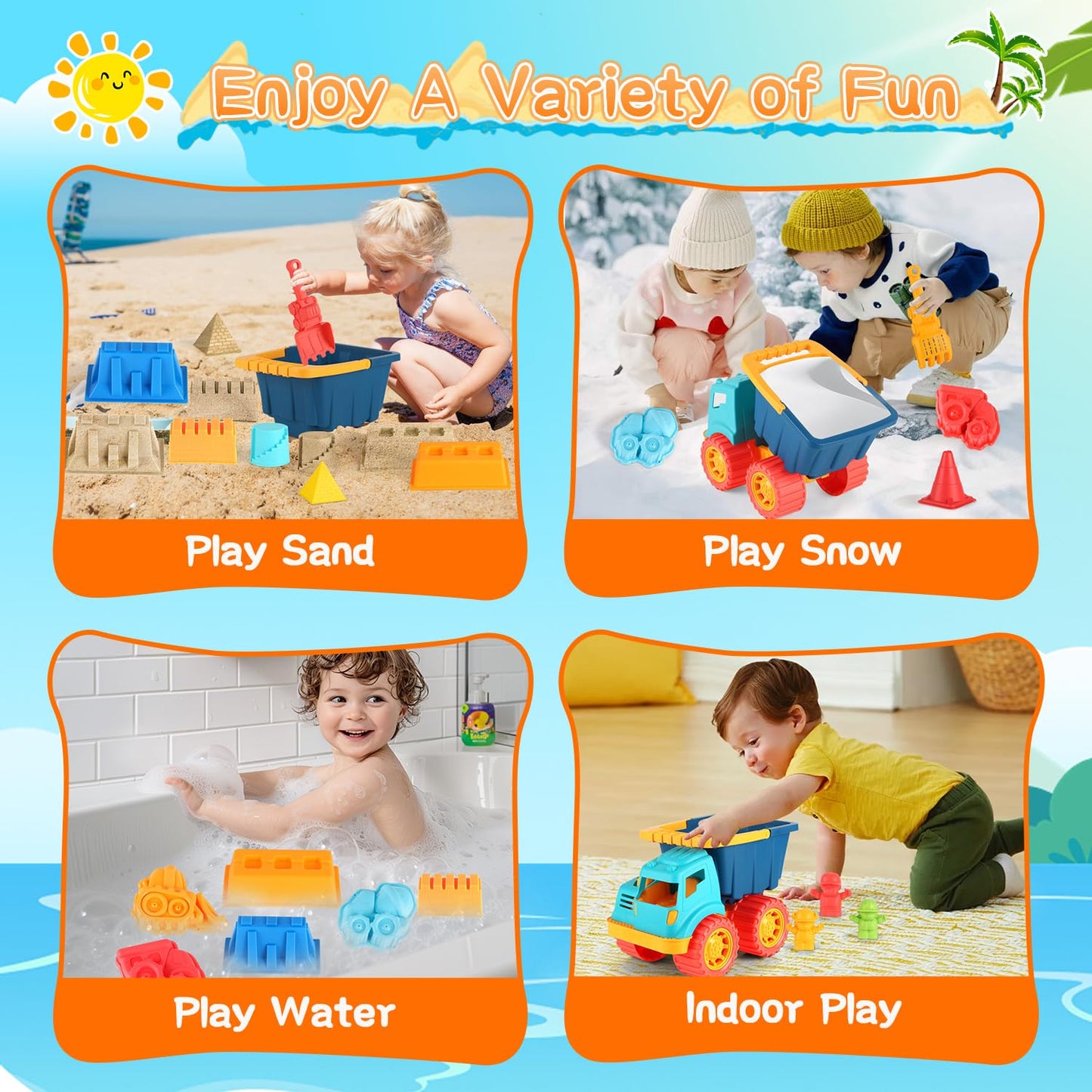 Elovien Beach Sand Toys, Large Dump Truck with Bucket, Sandbox Construction Toy Sand Castle Building Kit with Mesh Bag, Sand Molds, Shovels, Worker Figures, Kids Toddlers Summer Outdoor Travel Toys