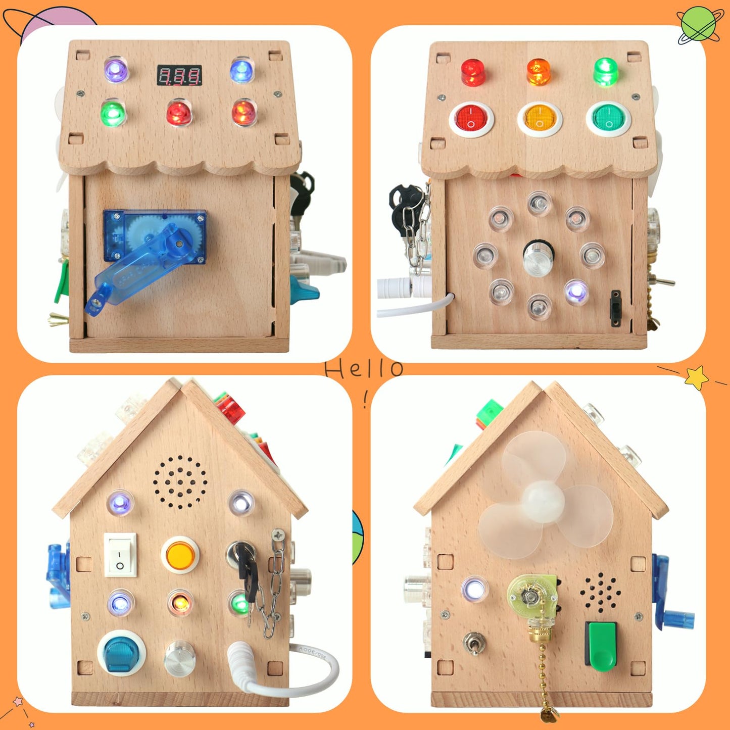 Dinhon Sound and Light Busy House Wooden Montessori Busy Board, Light Switch Games Toddler Sensory Toys Montessori Toys for 3+ Year Old Gifts for Boys and Girls