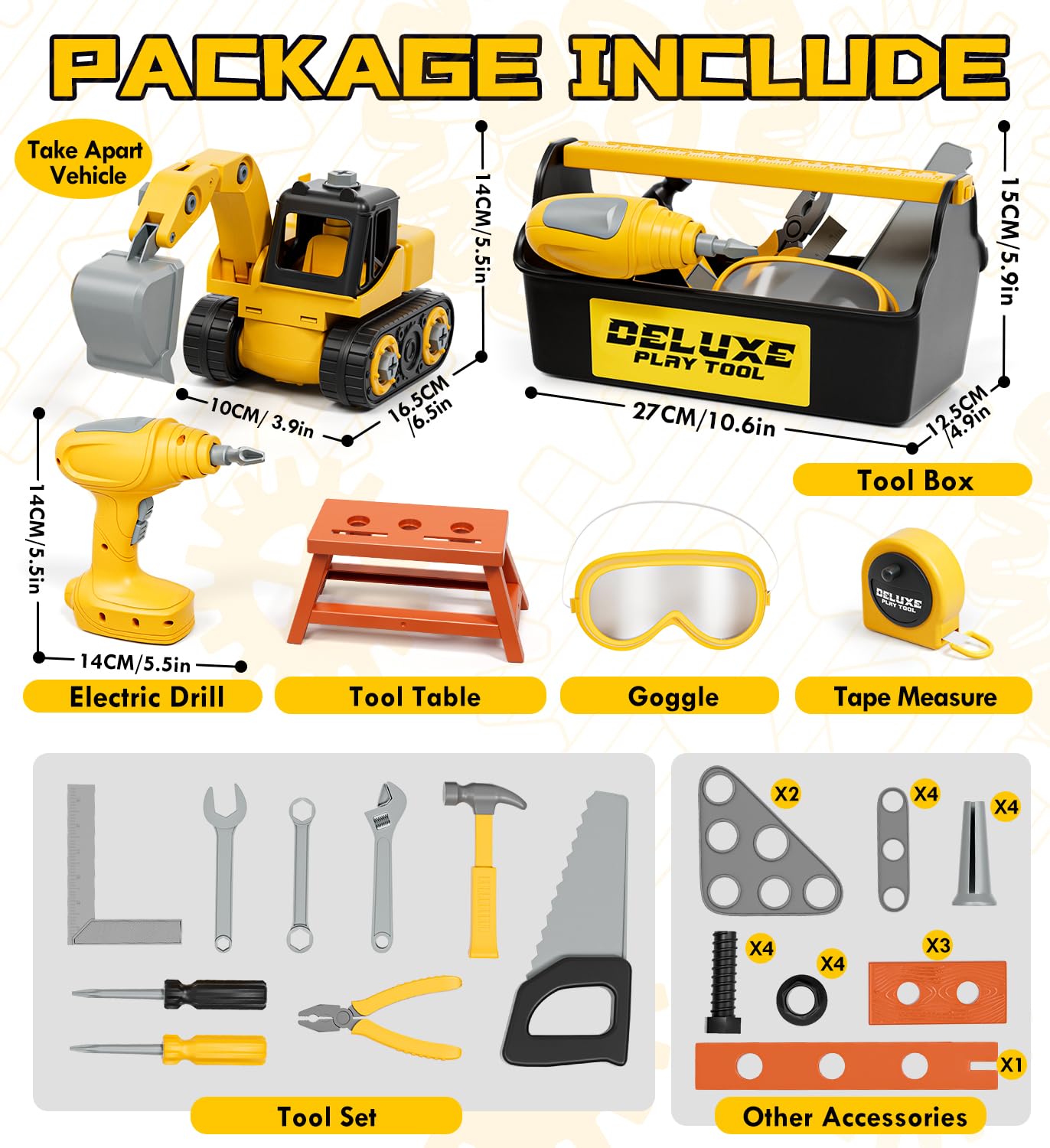 Lehoo Castle Kids Tool Set with Electric Toy Drill and Tool Box, Construction Toys for 3 Year Old Boys Birthday Gift, Pretend Play Toddler Tools for 3-5 Years Old (Yellow)