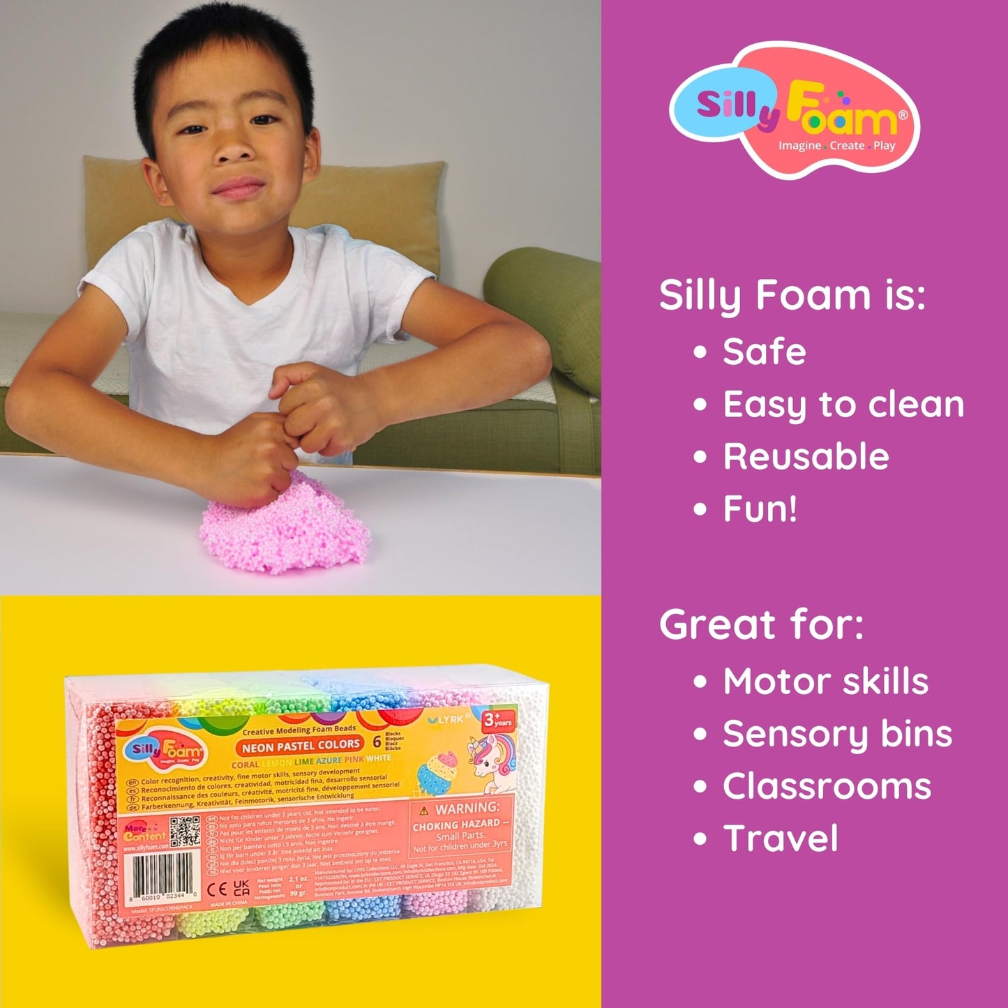 Silly Foam, Creative Modeling Foam Beads, 2-Pack of 6 Primary + 6 Neon Pastel Blocks, No-Slime No-Mess, Perfect for Preschool, Kids, Arts & Crafts, Sensory Play, STEM, Travel Toy, Non-Toxic (Age 3+)