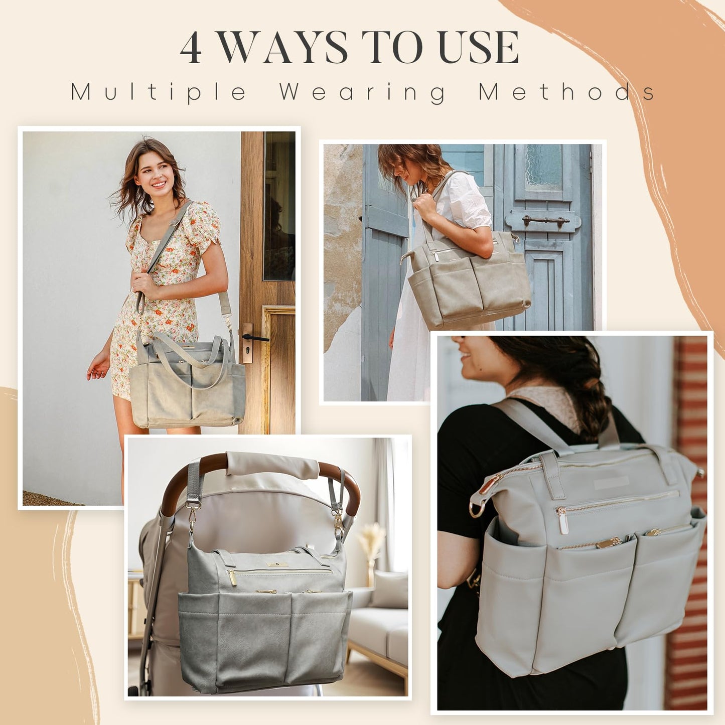 miss fong Diaper Bag Tote Baby Bag Leather Diaper Backpack Large Diaper Tote Bag for girls & boys Diaper Bag Purse with 11 Pockets,Changing Pad, Stroller Straps,4 Insulated Pockets
