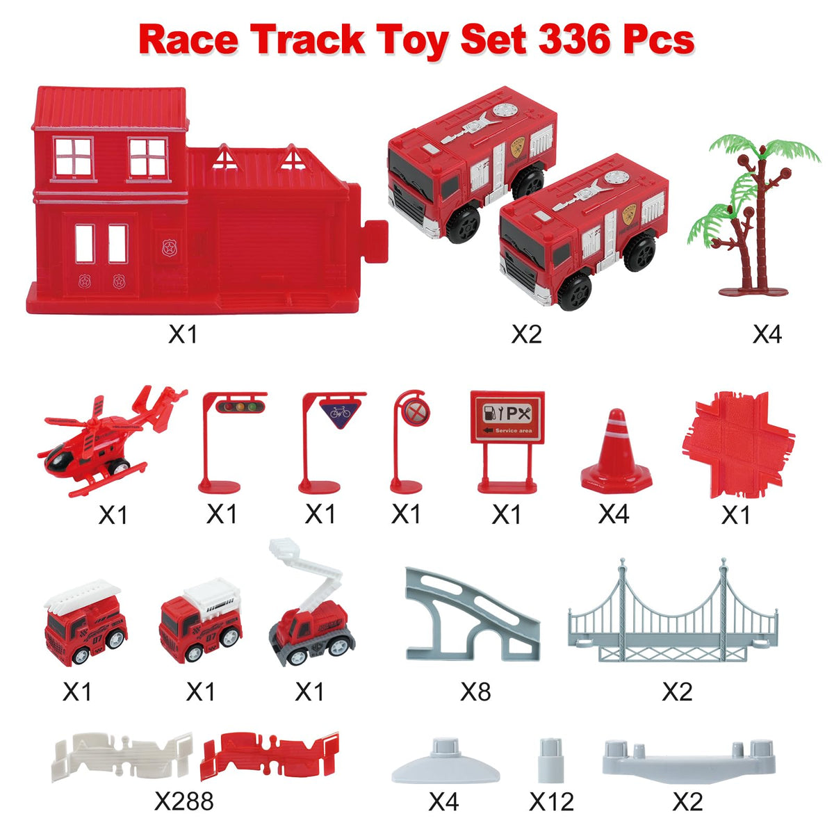 BEMITON Race Track Playset for Kids - Flexible DIY Car Track Toy, Educational Birthday Gift for Boys Ages 3 4 5 6 7, 330+ PCS Building Kit with Fire Trucks