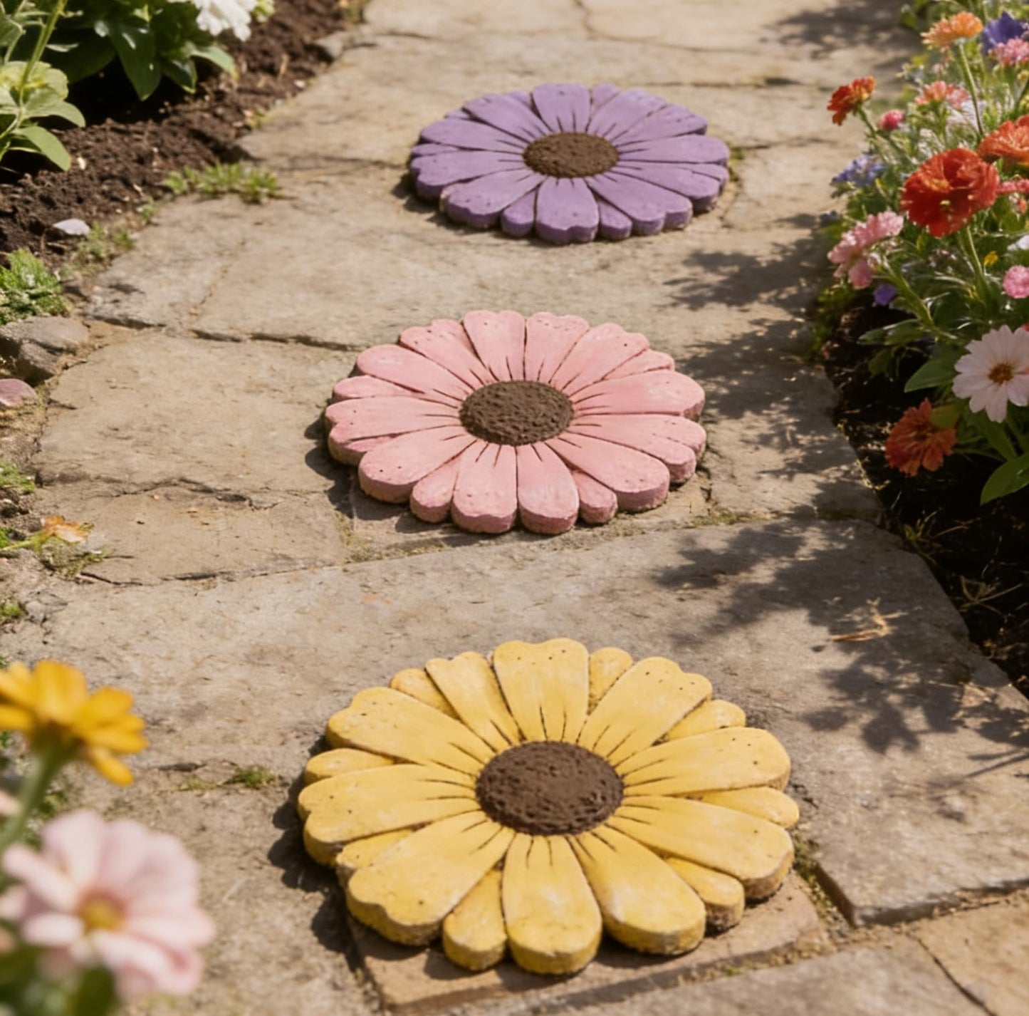 Landoraloria Cement Flower Stepping Stone 10” Daisy Garden Path Stone for Yard & Walkway Handcrafted Non-Slip Outdoor Patio Decor Weather-Resistant Cement Stone (Pink)