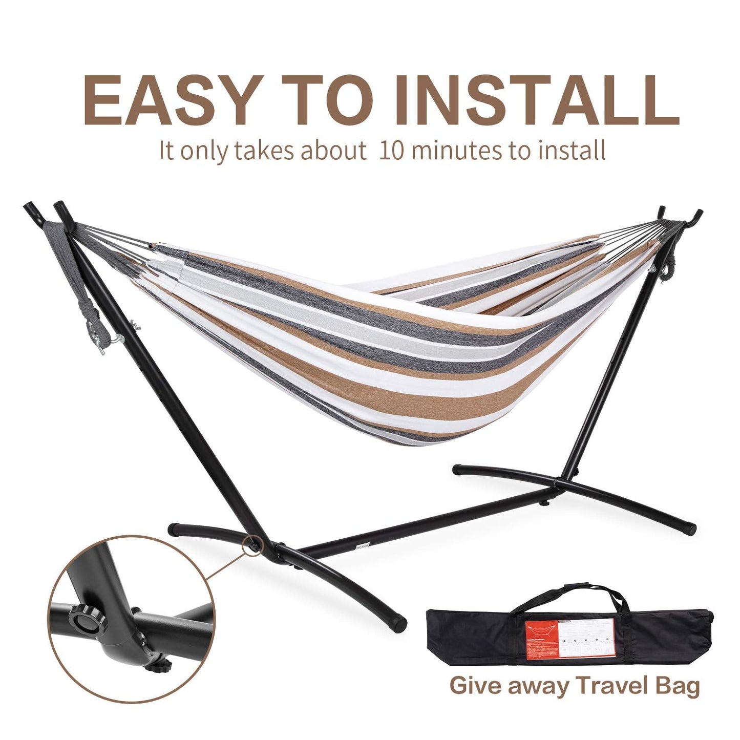 PNAEUT Double Hammocks with Stand for Outside, Portable Space Saving Heavy-Duty Steel Frame for Indoor Outdoor Patio Yard, Easy Assembly, 2 Person 450 lbs Capacity (Coffee)