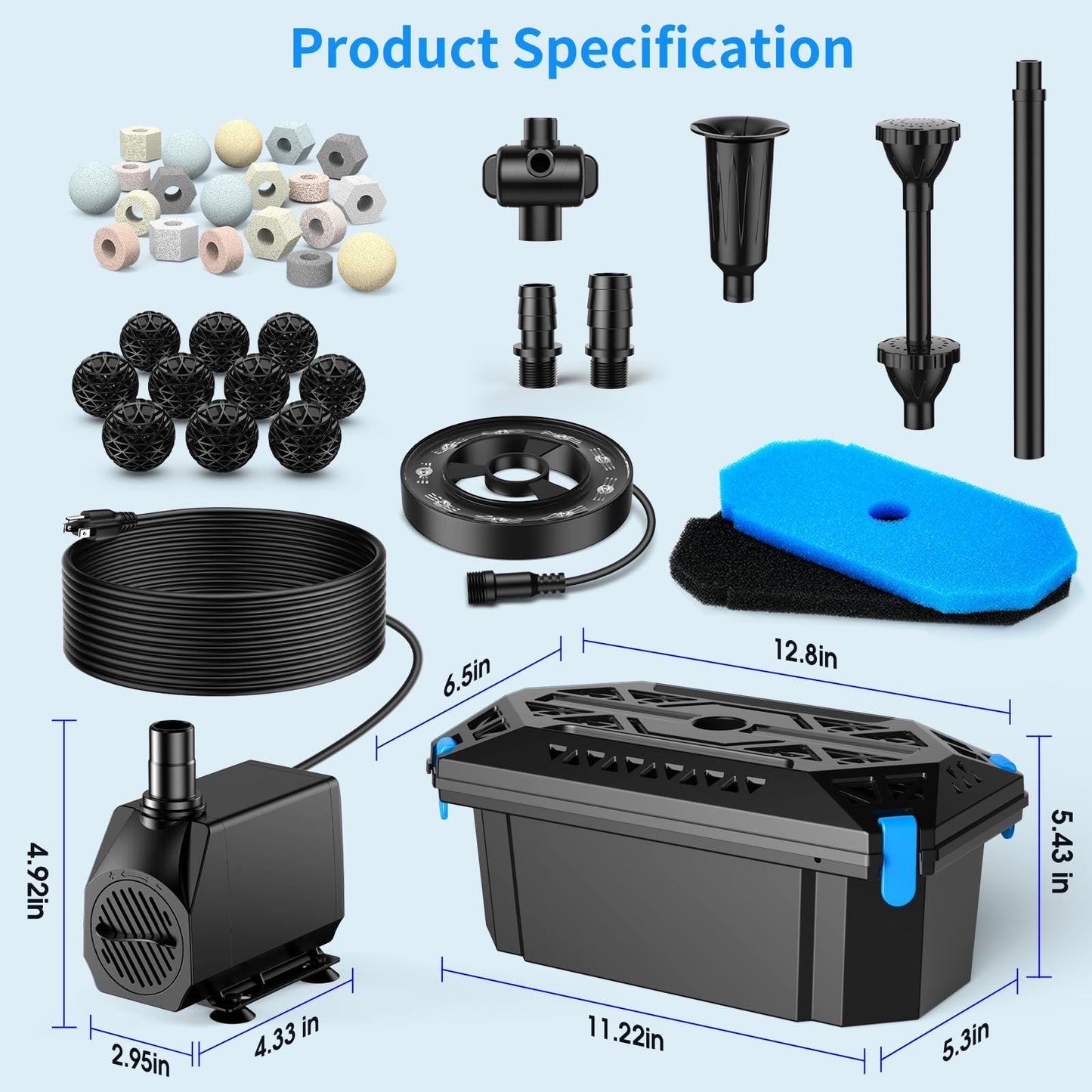 Antfraer Pond Filter with LED Lights, RGB Pond Filter with 660GPH Pump Fountain Kit, Filter Box with RGB Auto-Cycle LED Lights & 3 Spray Modes for Outdoor Ponds Clean Clear and Build Water Features
