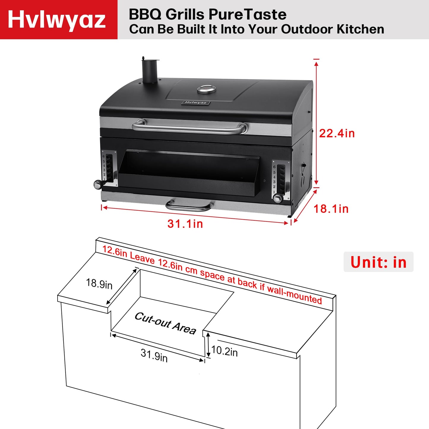 Built-in Charcoal Grill, Large BBQ Grills with Liftable Tray, Insulated Hood & Temp Gauge, Black Stainless Steel Barrel Grill for Outdoor Kitchen, Family BBQ Parties & Patio Use