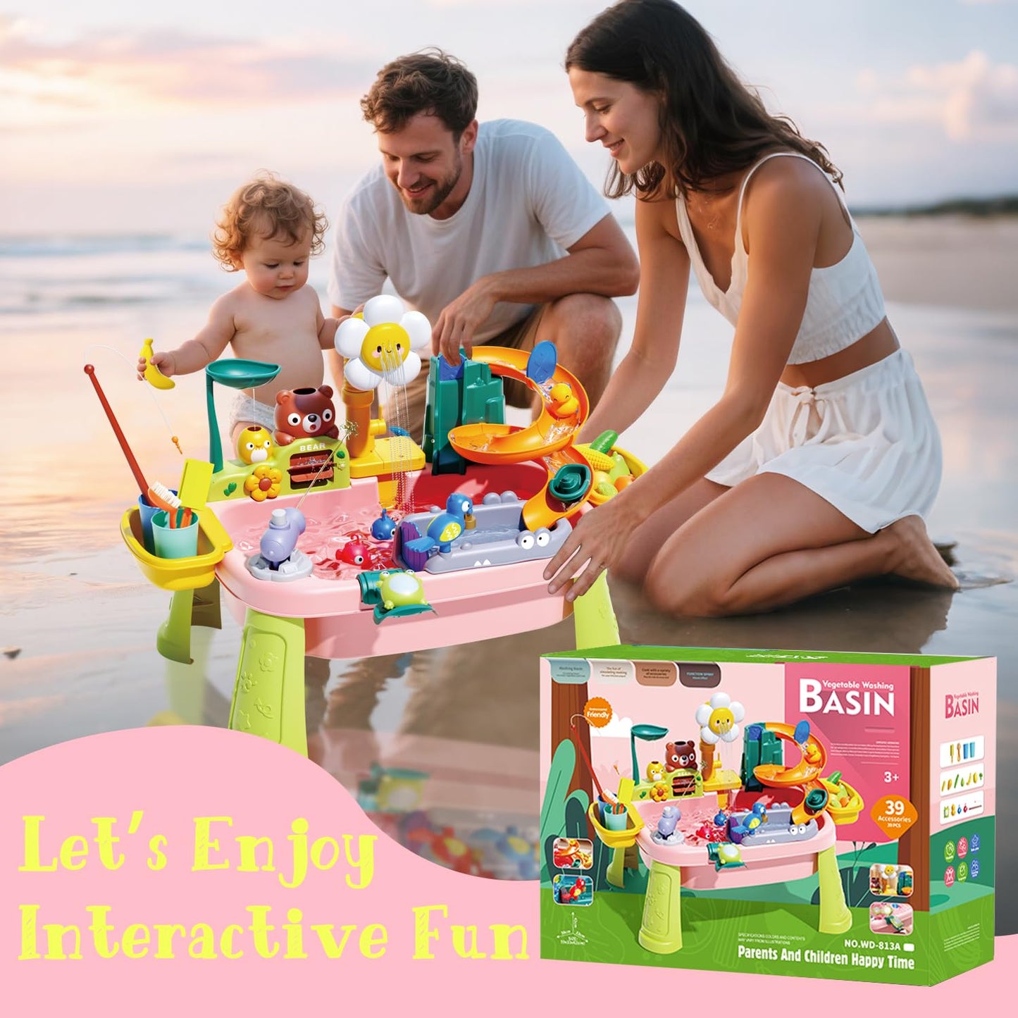 Water Table for Toddlers 1-3, Water Toys for Kids Ages 4-8, Play Sink with Electric Pump Kitchen Play Food Fishing Game, Summer Outdoor Toys Sand Activity Sensory Playset Girls Boys, Pink