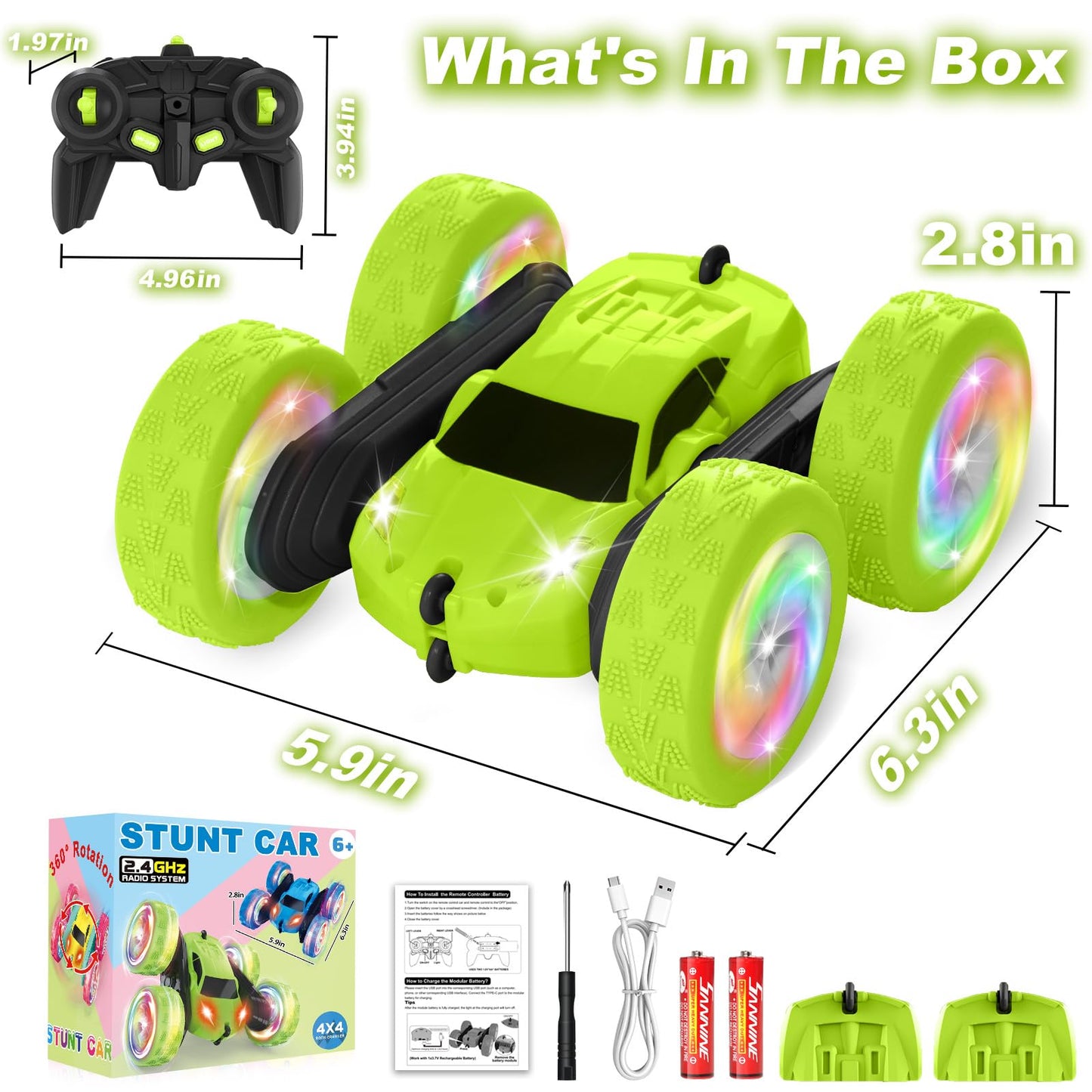 FDCTR Remote Control Car, Stunt RC Cars, 2.4GHz Double Sided 360° Flips RC Crawler, Outdoor Toys for Kids Ages 4-8, Upgraded USB-C Modular Battery, 5 6 7 8 9 10 +Year Old Boys Birthday Gifts Green