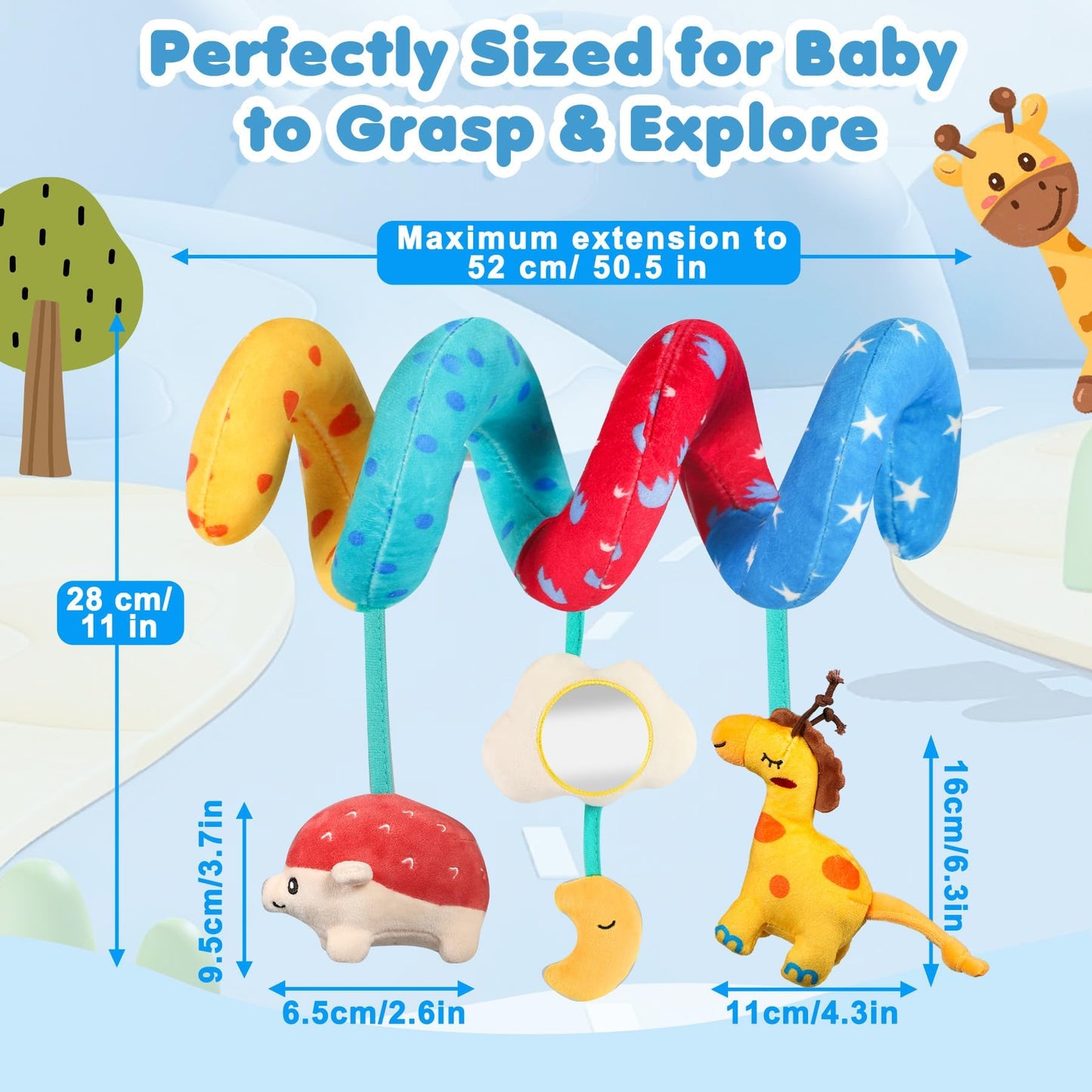 URMYWO Spiral Car Seat Toys for Babies 0-6 Months, Newborn Toys & Infant Toys, 3 Month Baby Toys, Toddler Travel Toys, Sensory Hanging Stroller Toy with Crinkle Mirror, Shower Gifts Essentials