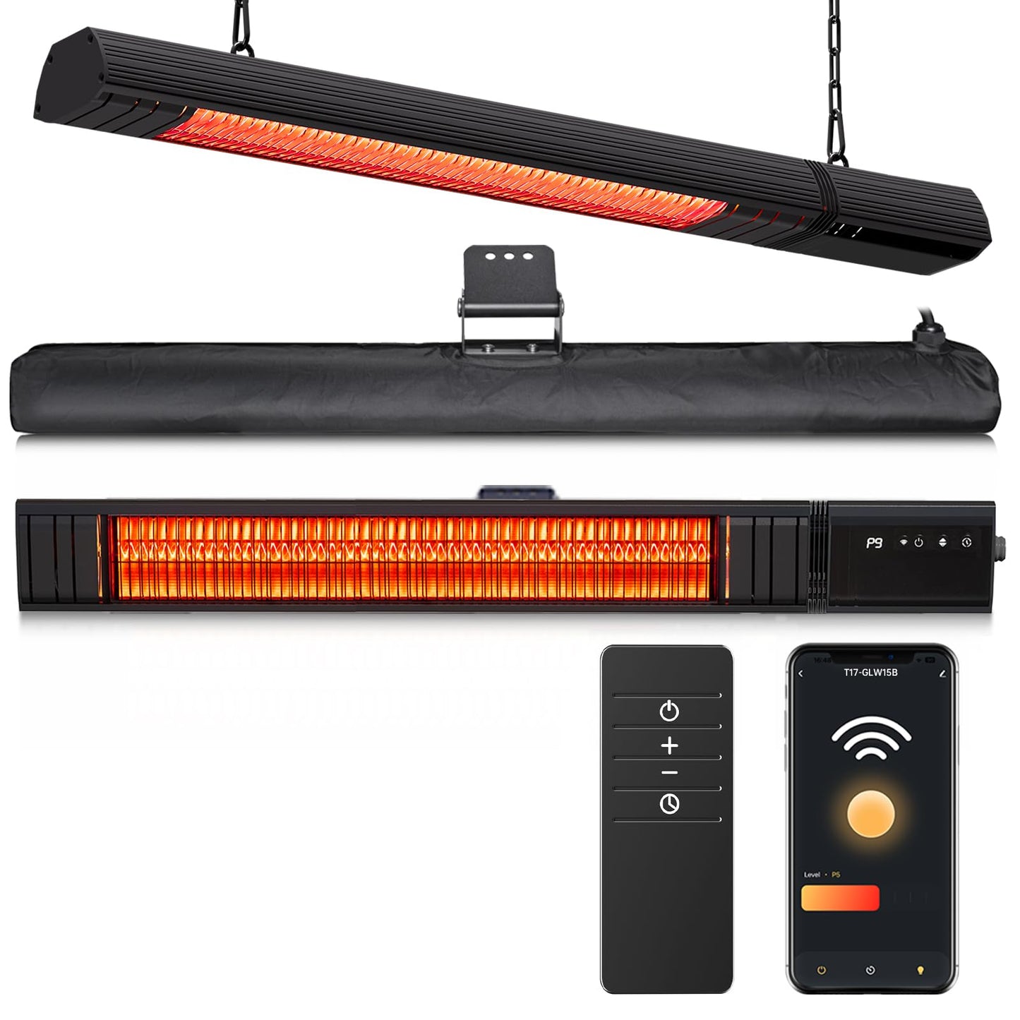Ceiling Electric Outdoor Heater Wifi Control Wall-Mounted Hanging Patio 1500W Infrared 9 Heat Levels, 24H Timers, Carbon Fiber Tube Heating Wall Heater for Gazebo, Balcony (Rose Gold Quartz Glass)