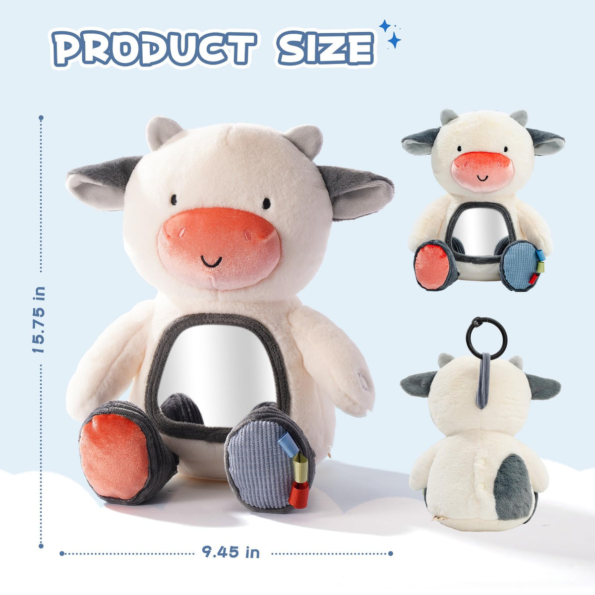Koty Musical Tummy Time Toy,Baby Mirror Toy 3 Years Old, Infant Sensory Toy with Crinkle Sounds, Textures, Mirror & Melody Music Box for Tummy Time and Self-Discovery (White Cow)