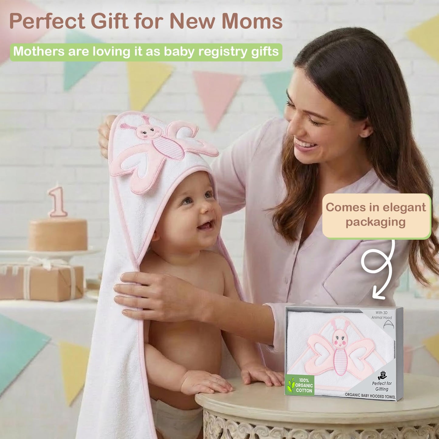 Mother's Choice Baby Towels 100% Organic Cotton Hooded Design, Large Size Baby Bath Towels, Ultra-Soft & Absorbent for Newborns, Infants, Toddlers, Boys & Girls with Animal Hood (Butterfly)