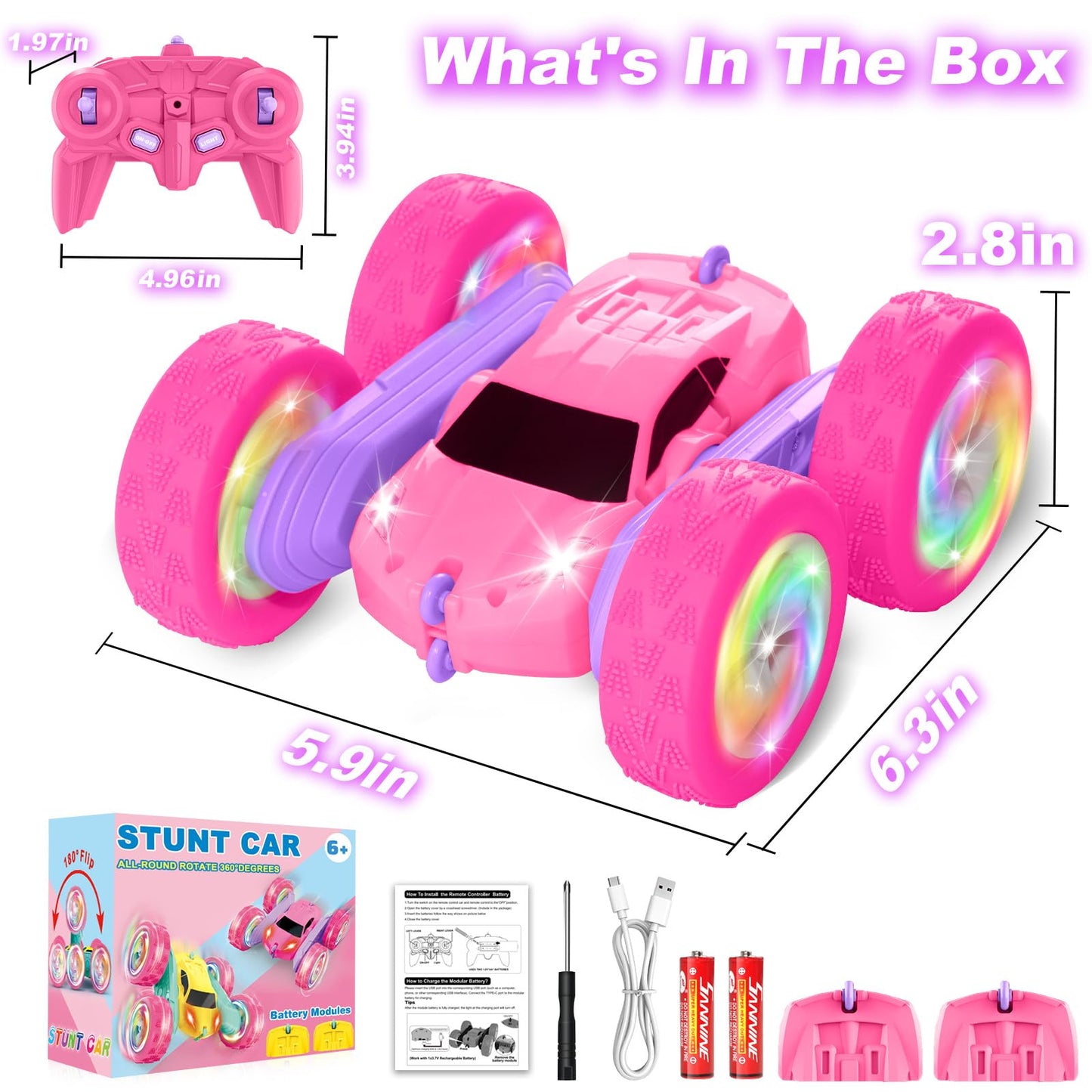 FDCTR Remote Control Car, RC Cars for Girls, 2.4 GHz Double Sided RC Crawler with Upgraded USB-C Modular Battery, 360°Rotating Car Toys for 6 7 8 9 10 11 12 Year Old Girl Birthday Gift Pink-Purple
