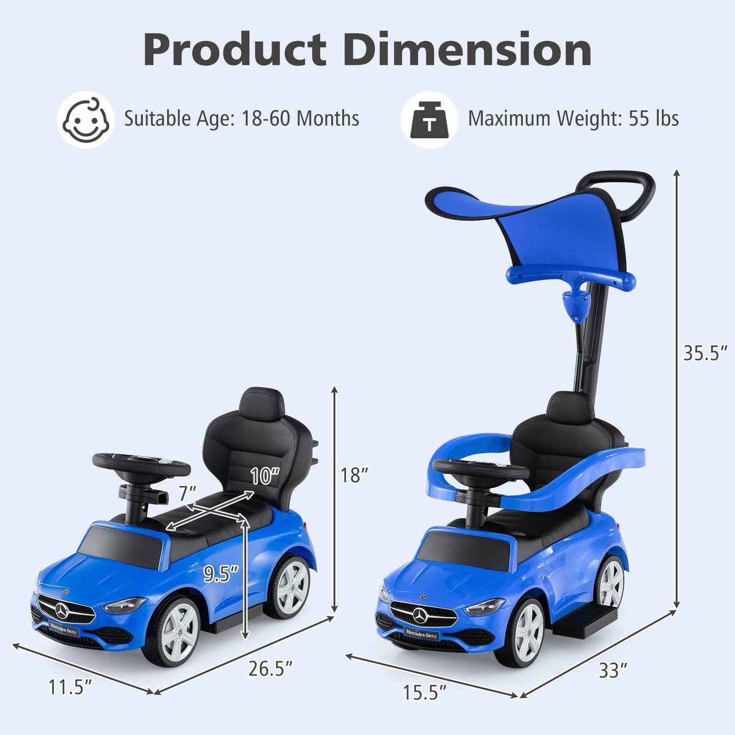 Licensed Mercedes Benz Push Car for Toddlers by INFANS, 3 in 1 Sliding Walking Car with Push Handle, Horn, Music, Underneath Storage, Foot-to-Floor Ride on Toys for Boys Girls, Blue