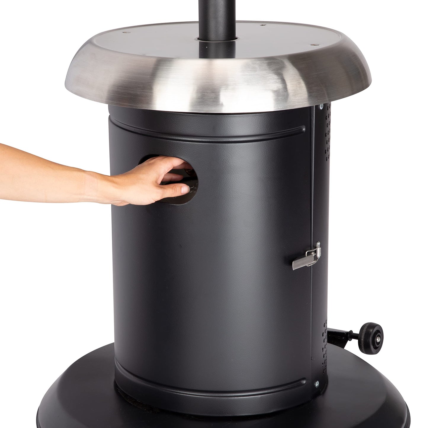 Cuisinart Perfect Position Propane Patio Heater, 38,200 BTU Powerful Directional Stainless Steel Outdoor Heater with Hidden Tank and Drink Table, Swivel Arm and Reflective Heat Shield