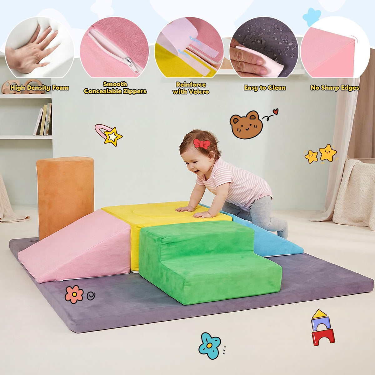 HAHASOLE 7-Piece Foam Climbing Blocks for Toddlers, Toddler Climbing Toys Indoor, Climb and Crawl Soft Foam Play Set with 47x47, 1.5" Thick Baby Play Mat for Floor, Removable & Machine-Washable Cover