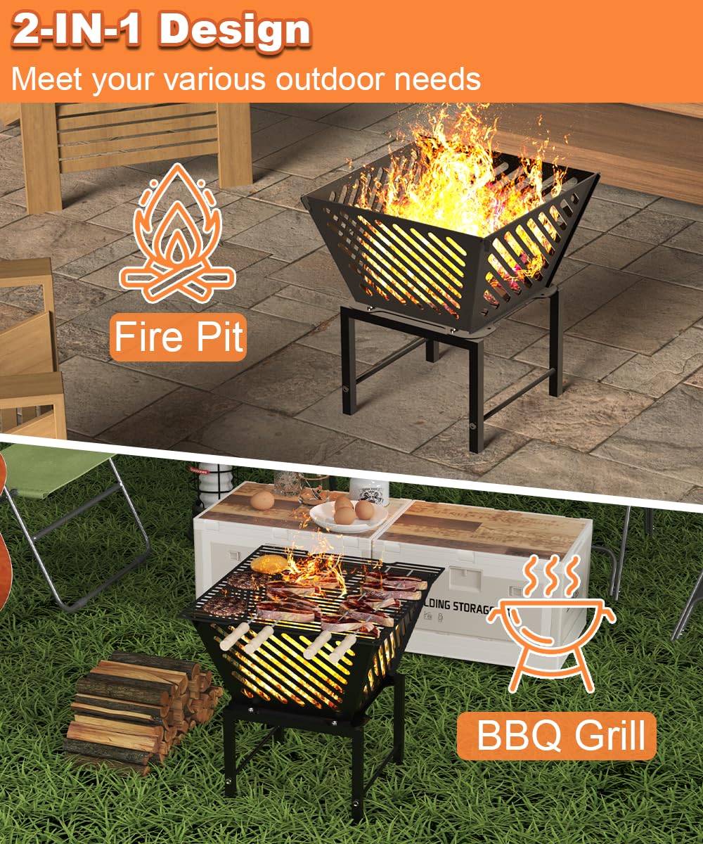 Mondazie Outdoor Fire Pit — 17 Inch Portable with Storage Bag for Camping, Patio Heating, Picnic and BBQ, Trapezoid Diagonal Hollow, Black