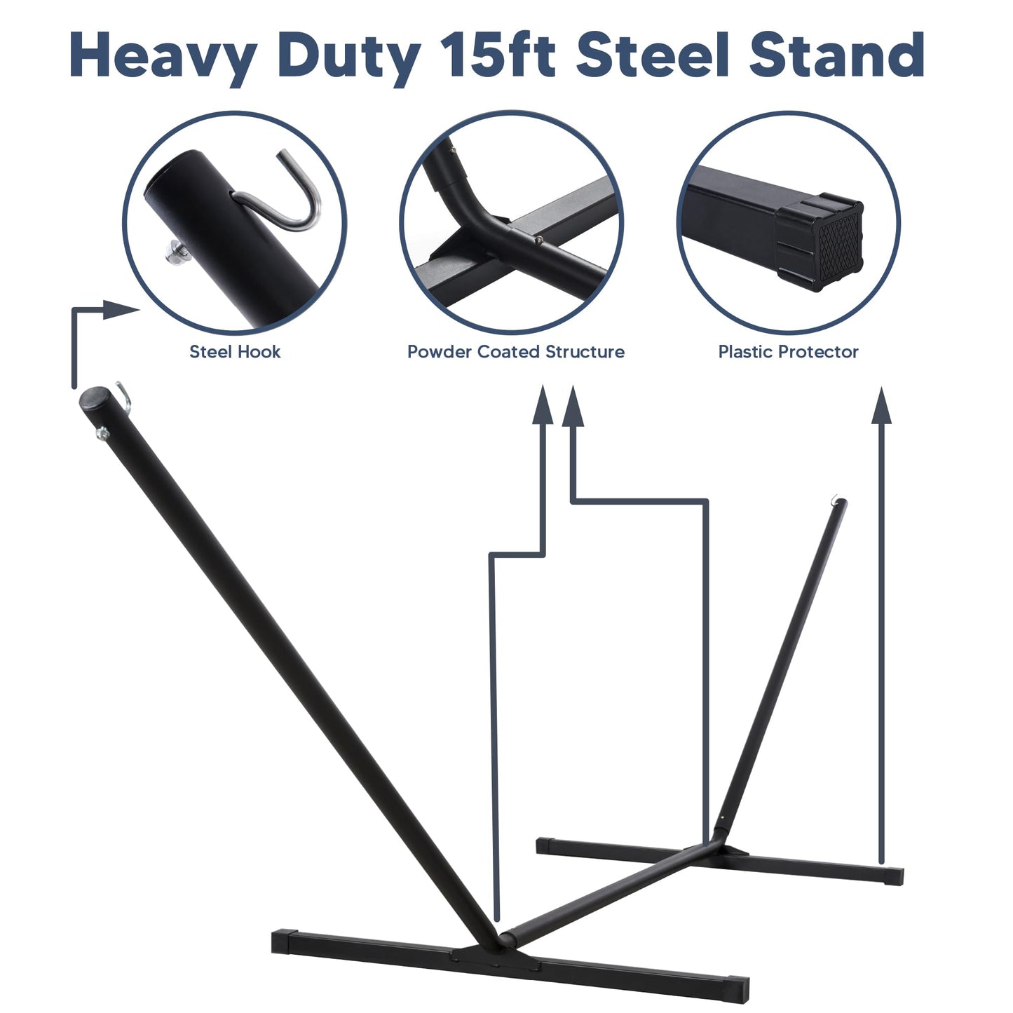 SUNCREAT 2 Person Free Standing Hammock with 15 ft Stand, 475 lbs Capacity, Backyard Hammock with Stand, Navy
