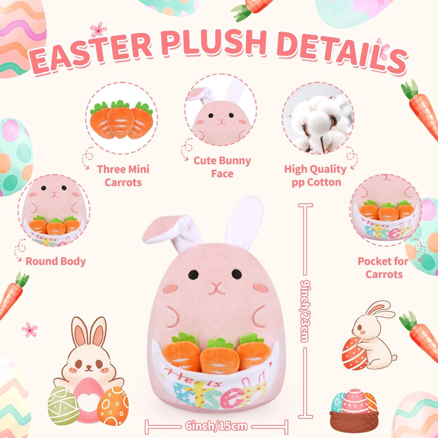 Prewplam Easter Bunny Stuffed Animal, Soft Bunny Plush with 3 Pcs Carrot Stuffed Animals, Cute Rabbit Plush Toys Gifts for Kids Girls Boys (Pink)