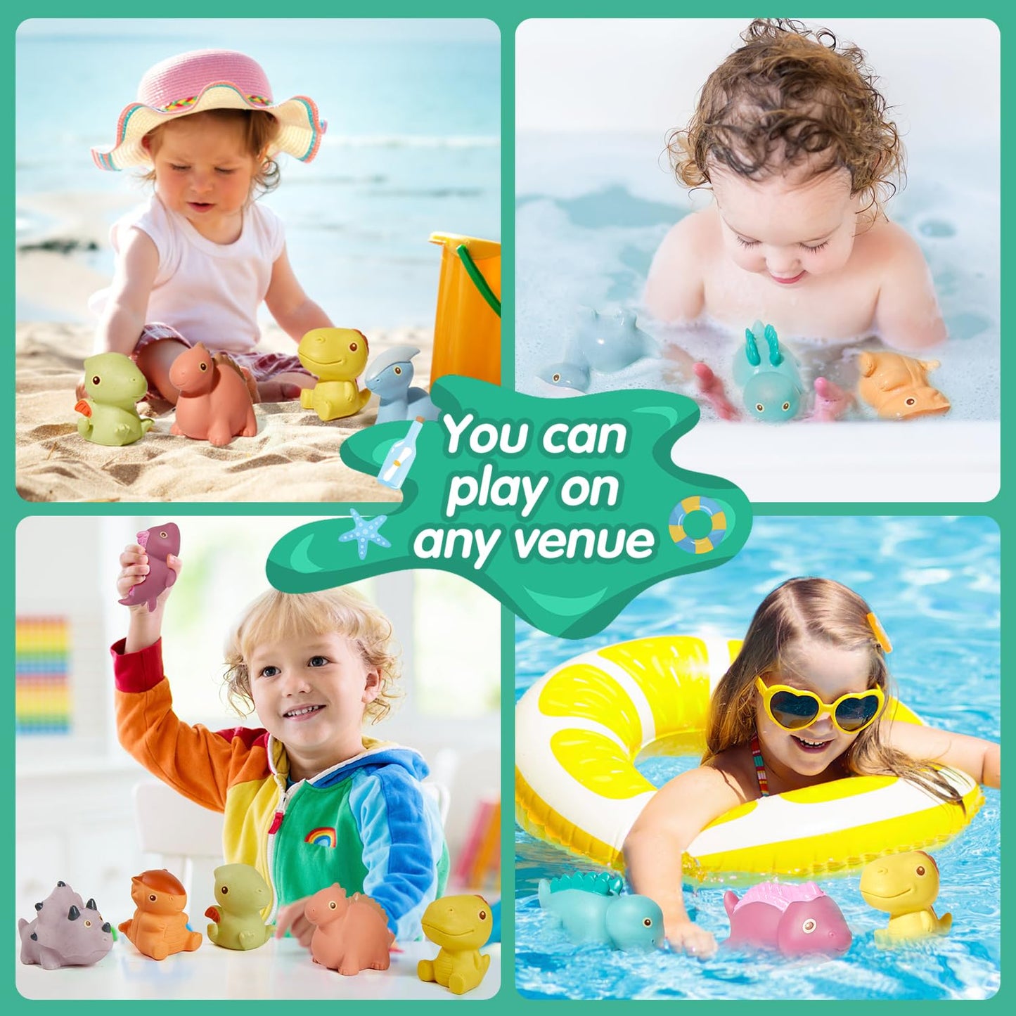 AMCHSURI Mold Free Bath Toys, Dinosaur 9 Pack |Cute, Not Hold Water Design | Soft, Squeezable & Float on Water | Safe Non-Toxic Easy-Grip Bath Toys Toddlers 2-4 | Great Baby Bathtub Pool Water Toys