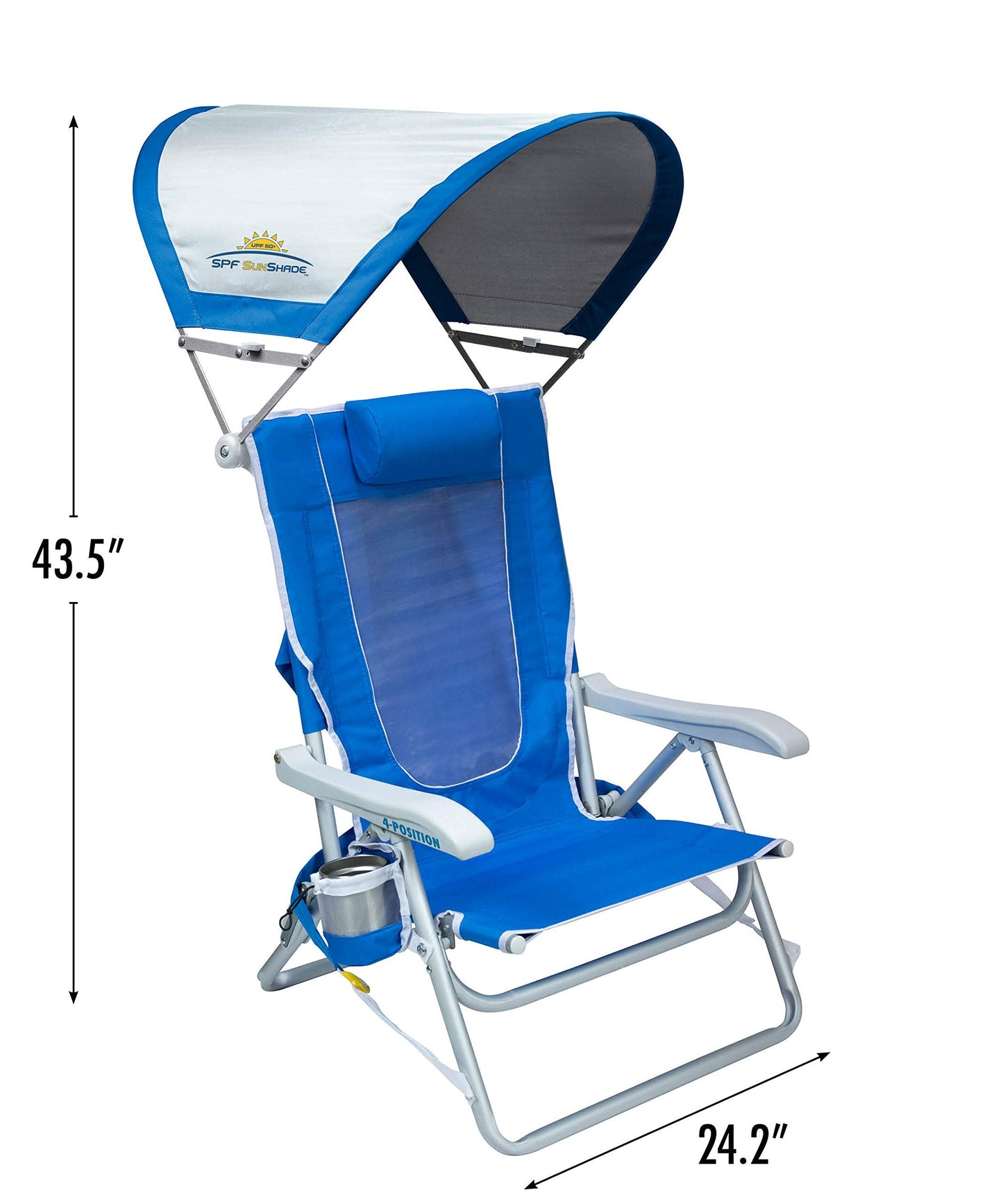 GCI Outdoor Sunshade Backpack Beach Chair | Reclining Folding Canopy Chair with Durable Armrests, Drink Holder & Carry Straps, Perfect for Beach Trips & Picnics — Saybrook Blue