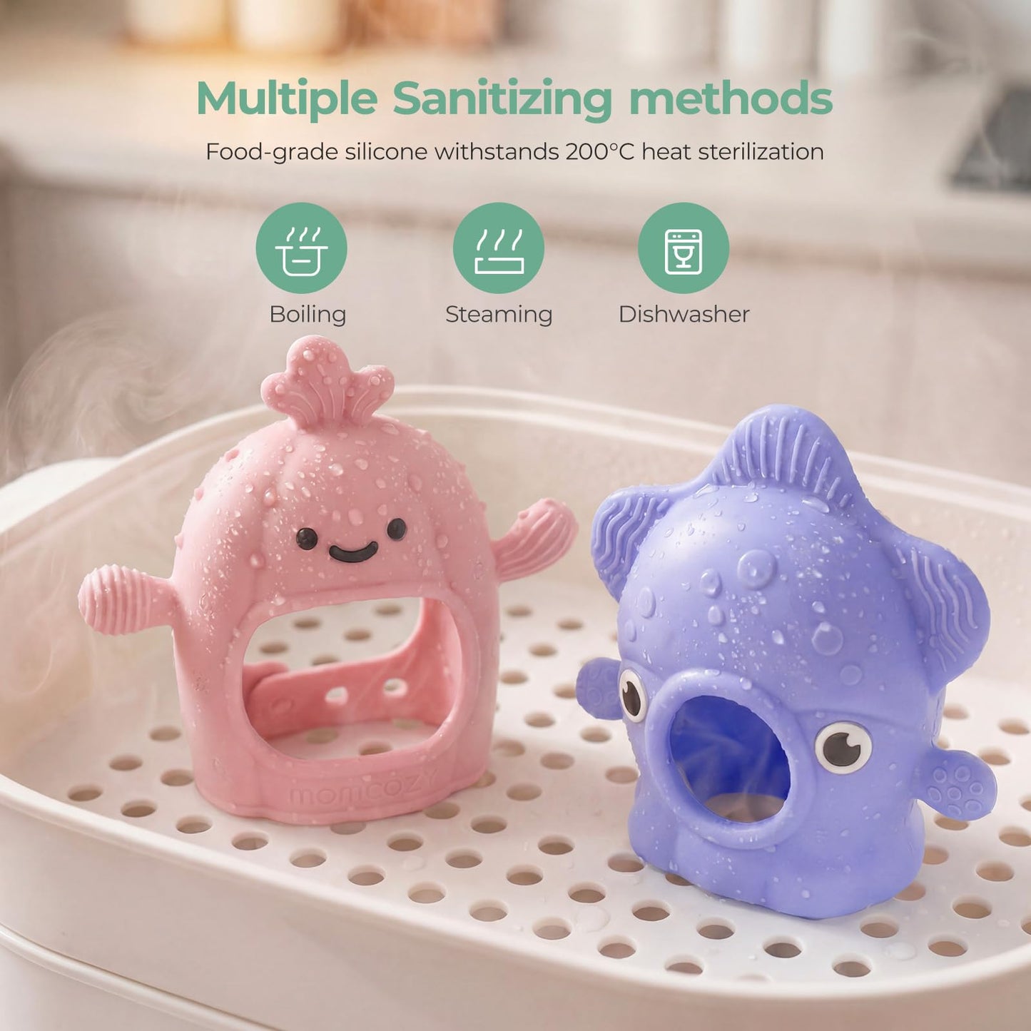 Momcozy 2 Pack Teething Toys, Food Grade Silicone Baby Teethers for 0–12 Months, Baby Teether Mitten Wrist, Teething Relief with Multiple Chew Points,Hygienic Seamless UV-Integrated Design,Blue&Pink
