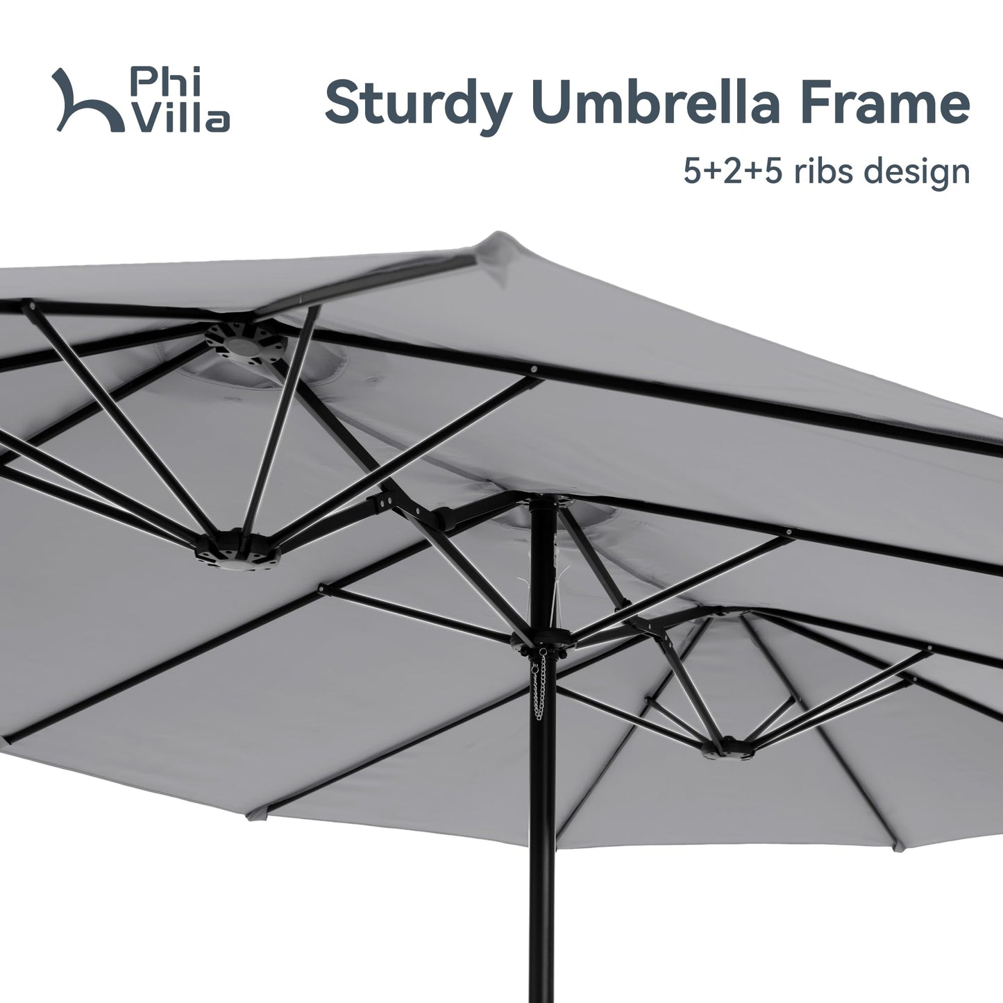 PHI VILLA 15ft Large Patio Umbrellas with Base, Outdoor Double-Sided Rectangle Market Umbrella for Pool Lawn Garden, Light Gray