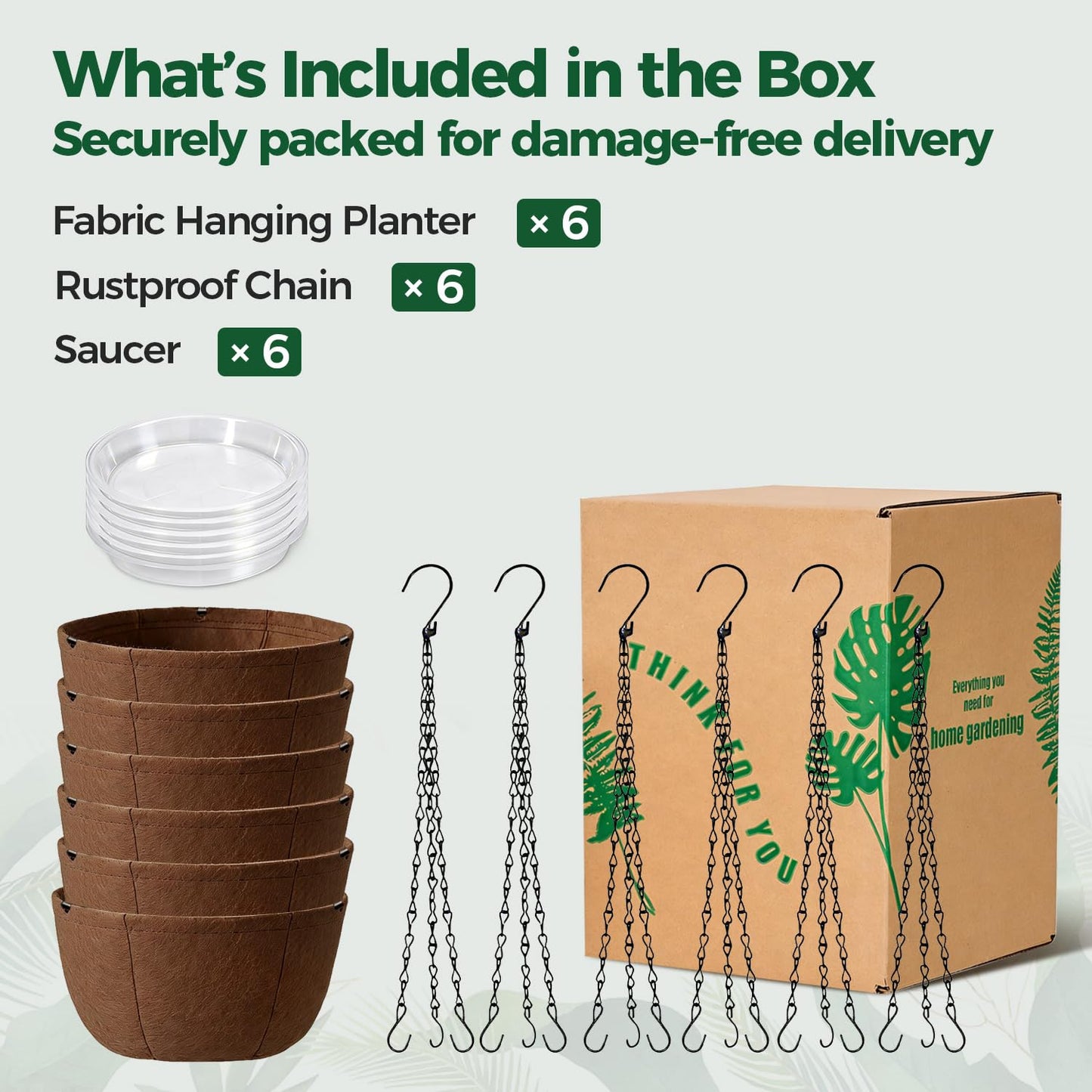 T4U Hanging Planters for Outdoor Plants, 10 Inch 6 Pack Fabric Hanging Baskets with Drainage Tray, Decorative Hanging Pots for Plants Outdoor Patio Porch Garden Use(Brown)