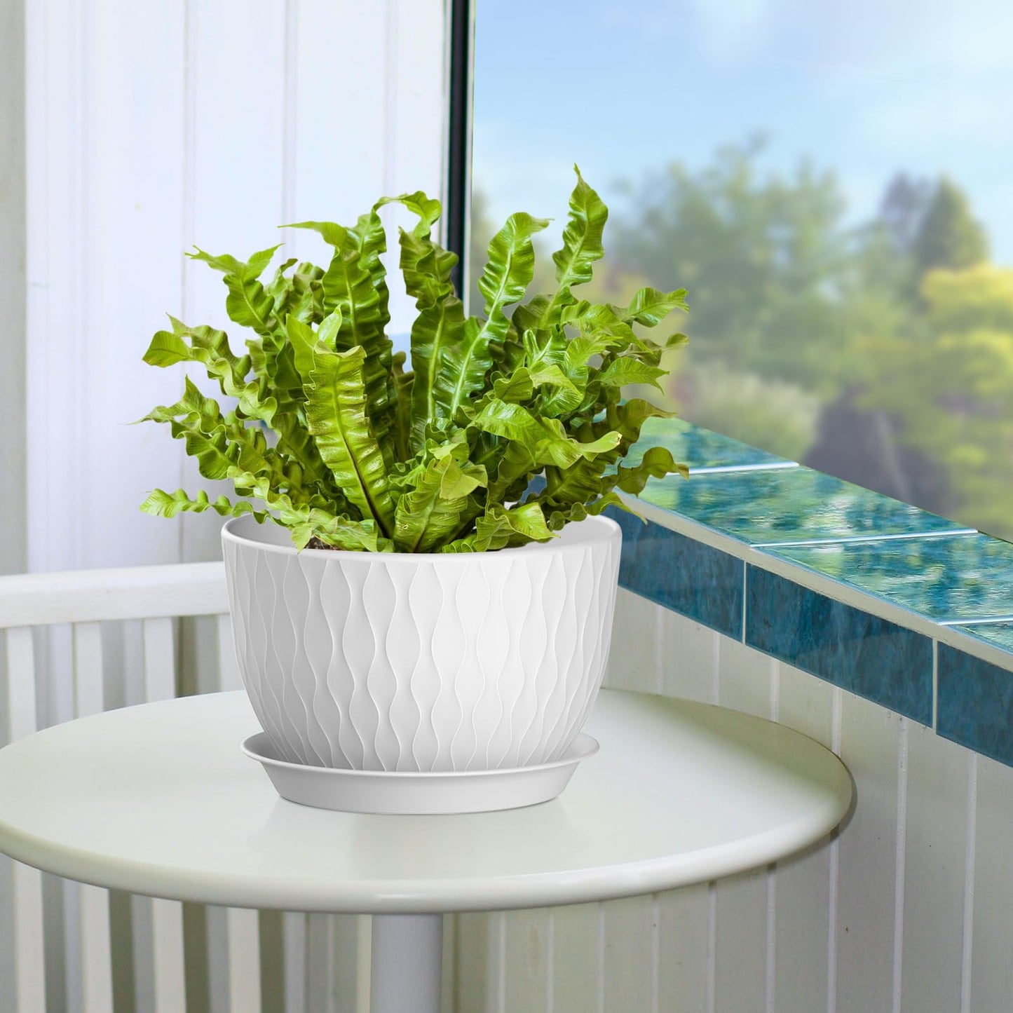 QRRICA Plant Pots 12/10/9 Inch Pots, Set of 3 Plastic Planters with Drainage Holes and Saucers,Plastic Flower Pots,Nursery Planting Pot for Indoor Out Door Plants(White)