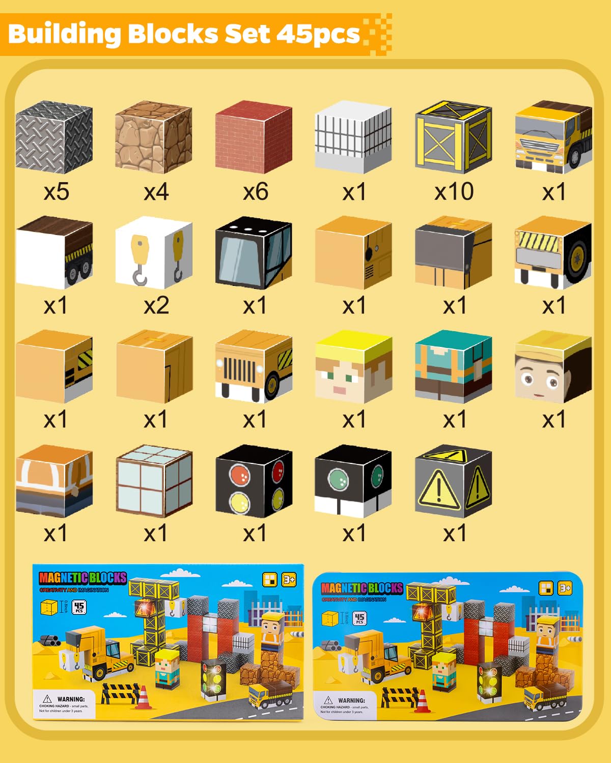 Qrooper Magnetic Blocks 45pcs Travel Toys with Light-Up Cube, Birthday Gift Kids Toddler Magnet Building Block STEM Educational Learning Toys Gifts for 3-5 8 Year Old Boys Girl Autism -Construction