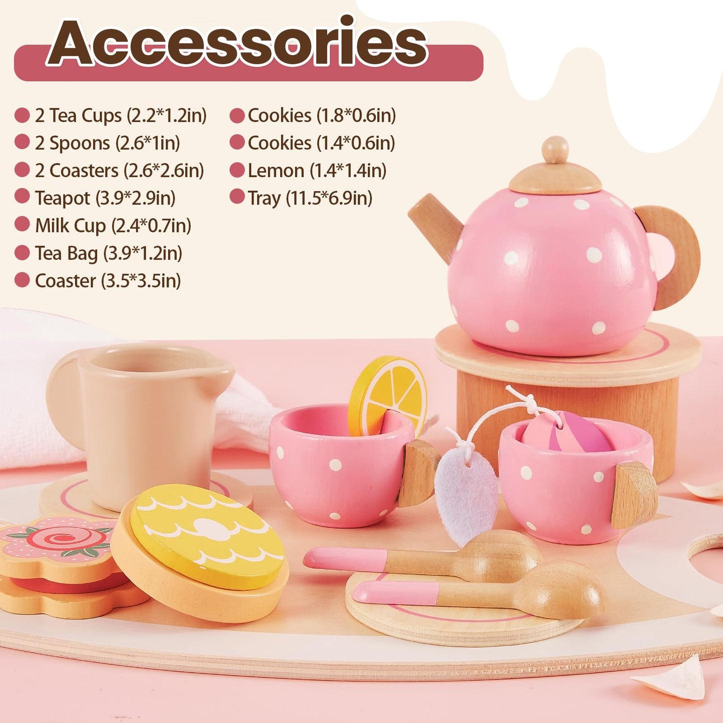 BUYGER Kids Wooden Tea Party Set for Little Girls Toddler Pretend Play Food Kitchen Accessories Princess Birthday Gifts for Ages 3 4 5 Years Old